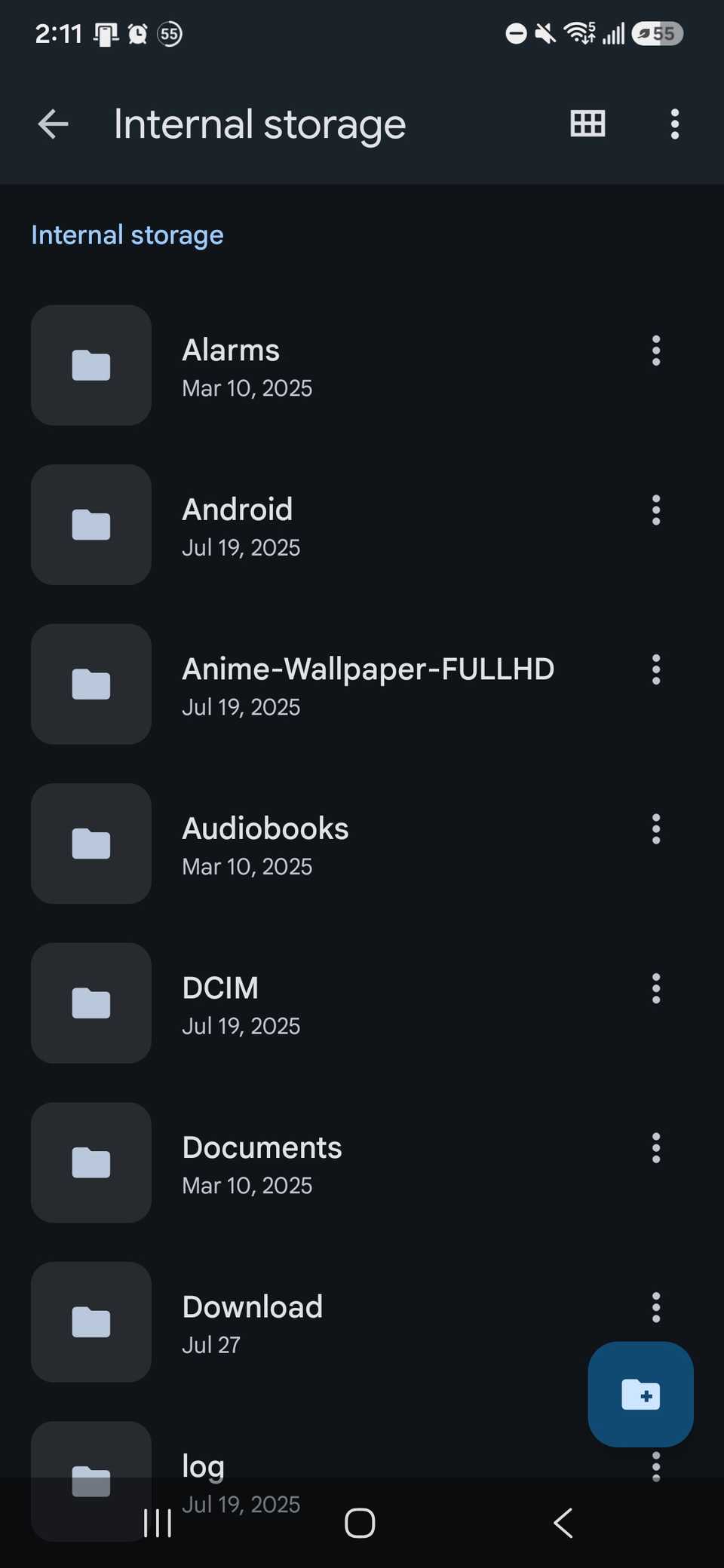internal storage through My File Google app that shows a list of folders on an Android phone
