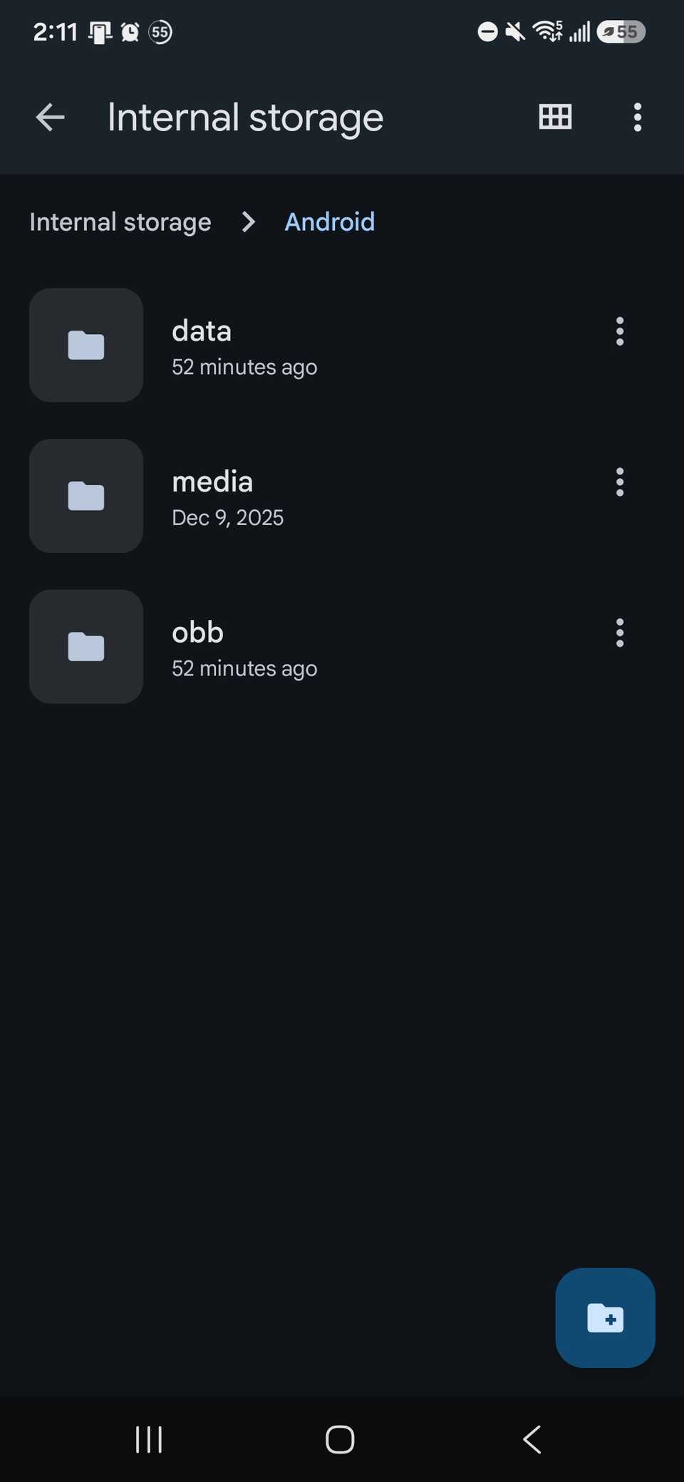 Internal storage showing the obb folder for an Android phone in My Files by Google app