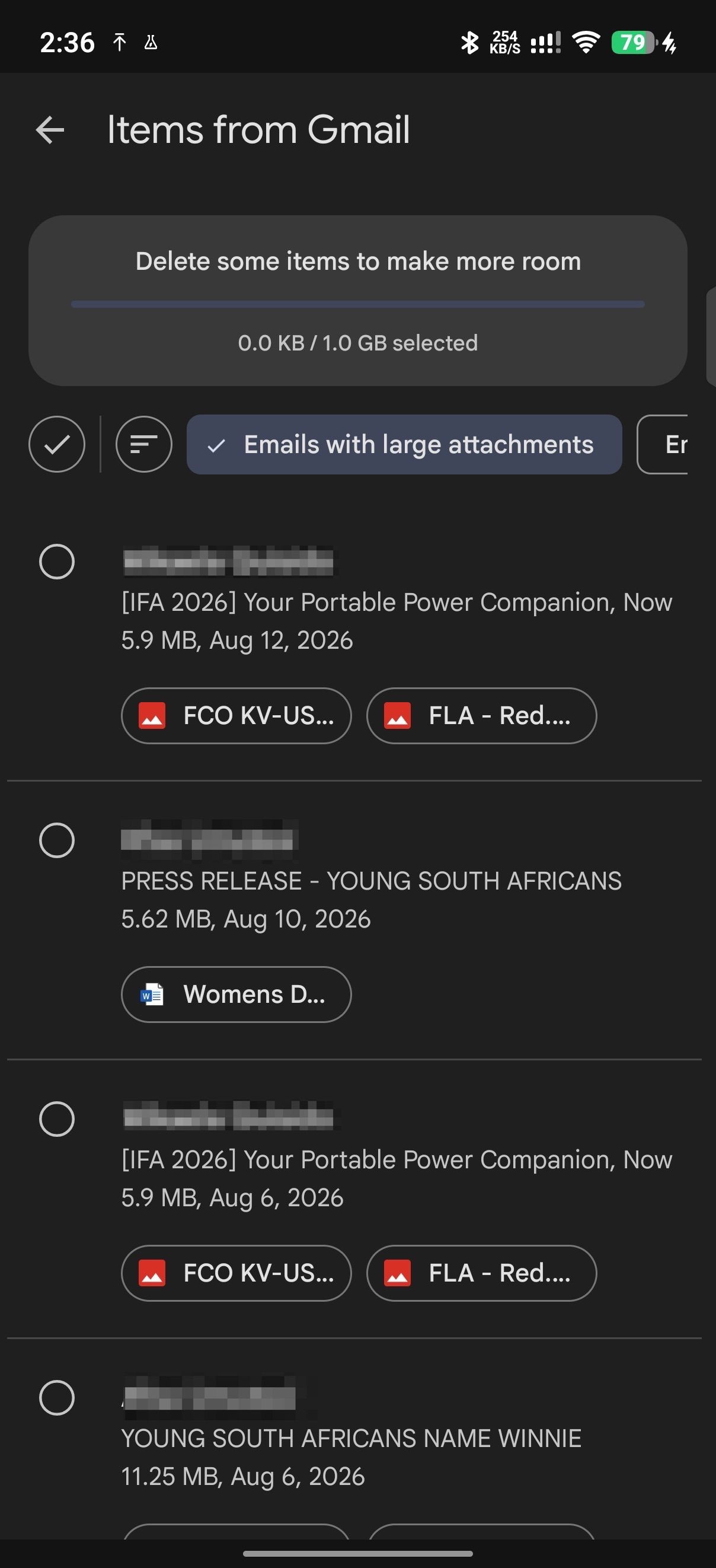 Google One detected large email attachments for Gmail with options to multi-select and delete them