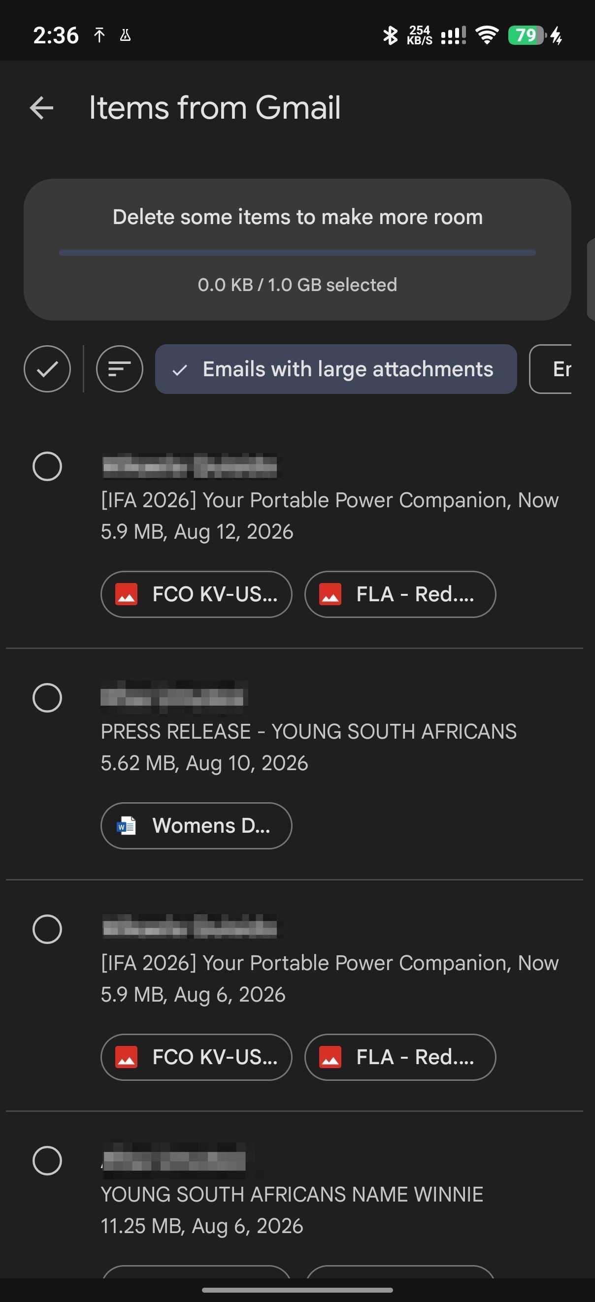Google One detected large email attachments for Gmail with options to multi-select and delete them