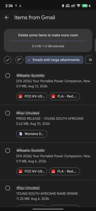 Google One detected large email attachments for Gmail with options to multi-select and delete them