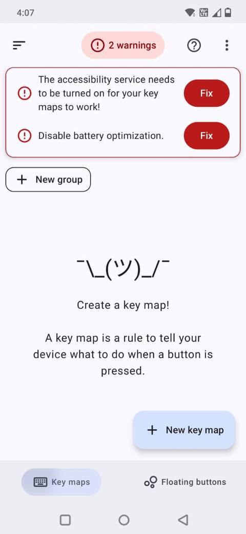 Screenshot che mostra la schermata iniziale dell’app Key Mapper