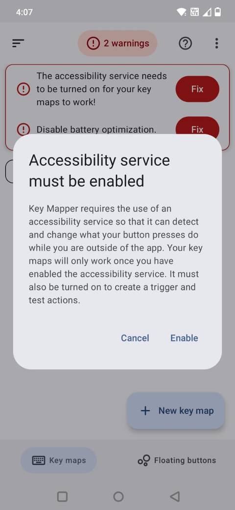 Screenshot che mostra il pop-up di accessibilità in Key Mapper