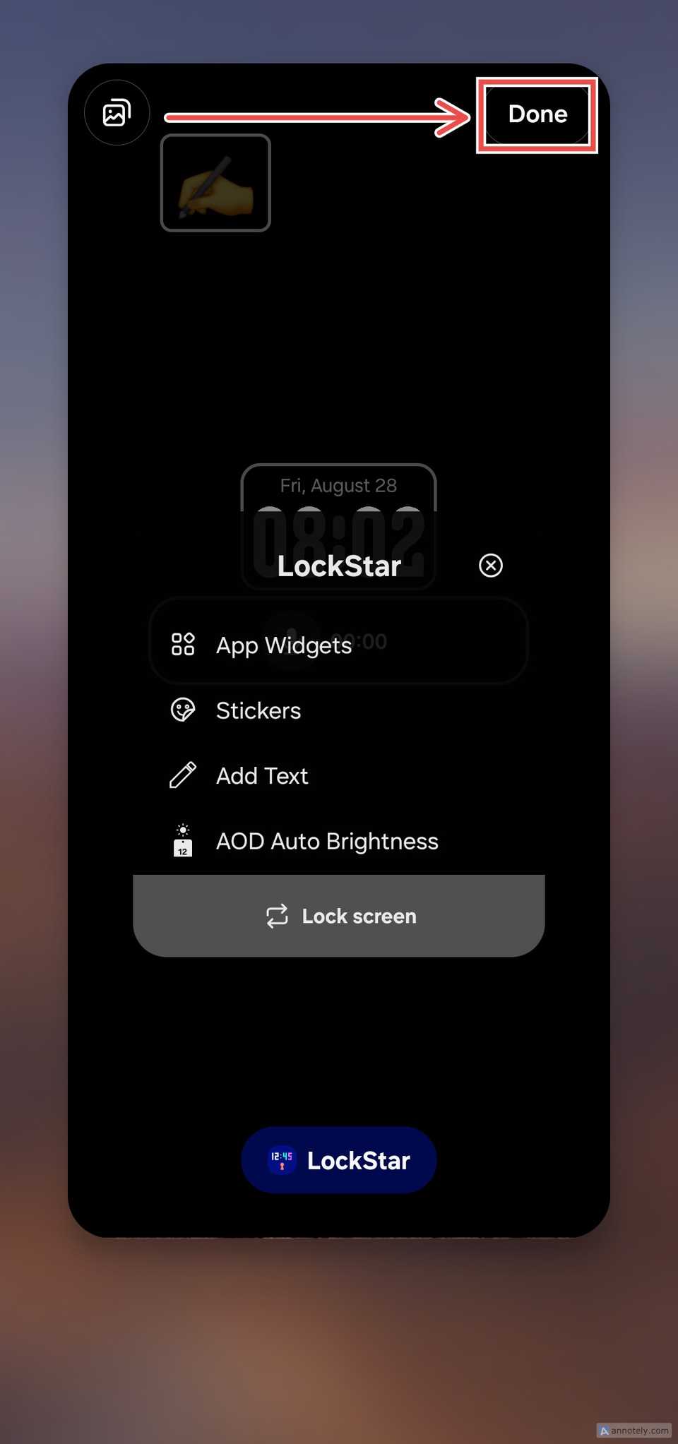 LockStar lock-screen customization menu with the 'Done' button