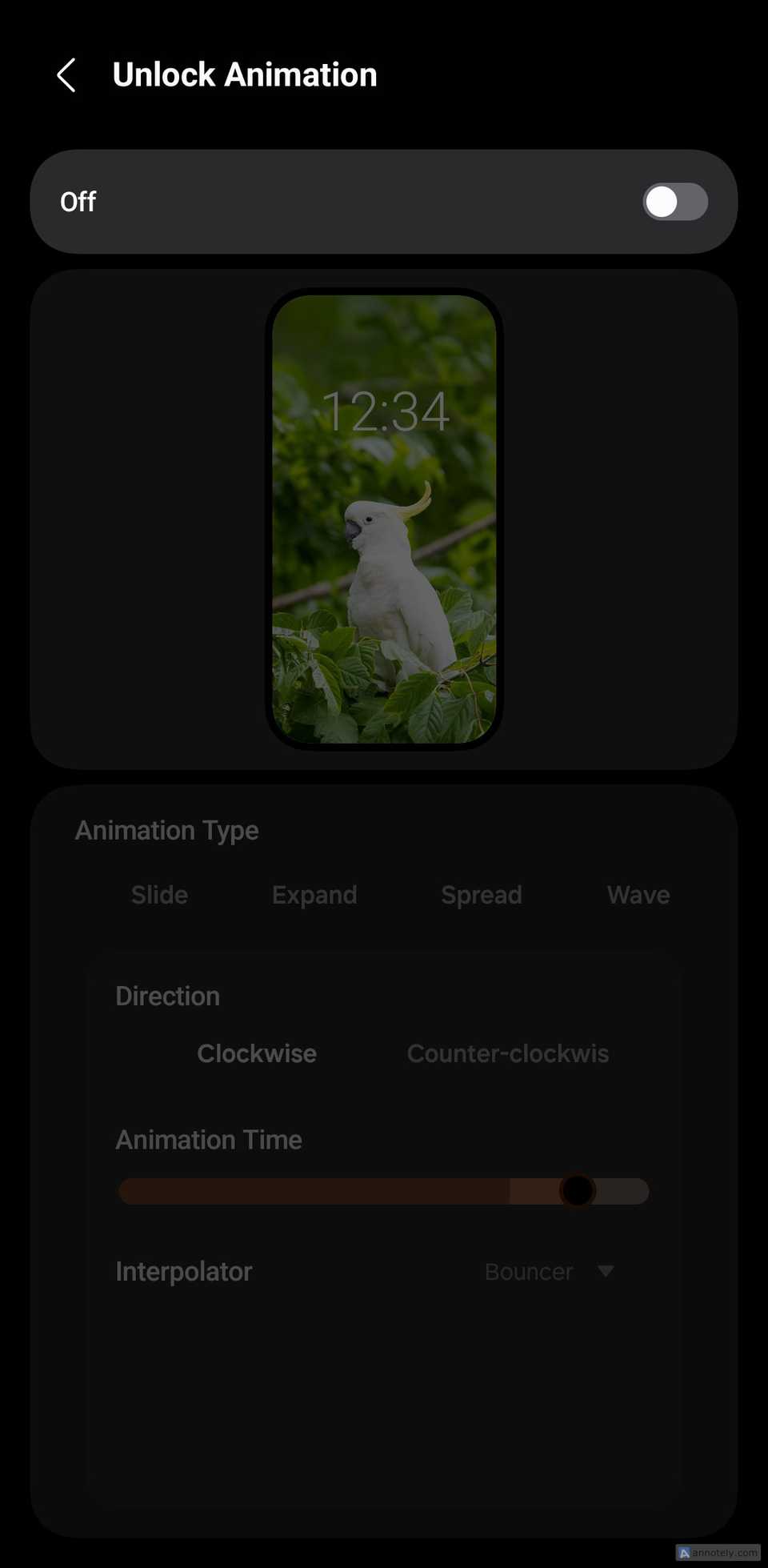 Samsung LockStar “Unlock Animation” settings screen.