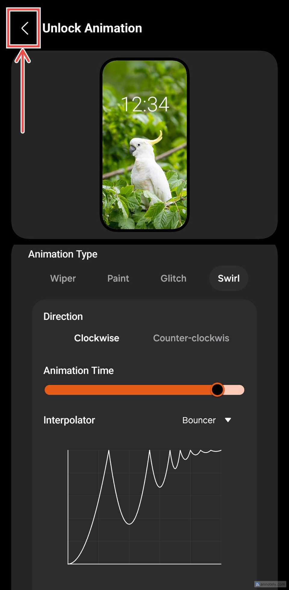 Samsung LockStar unlock animation settings screen with the back button highlighted.