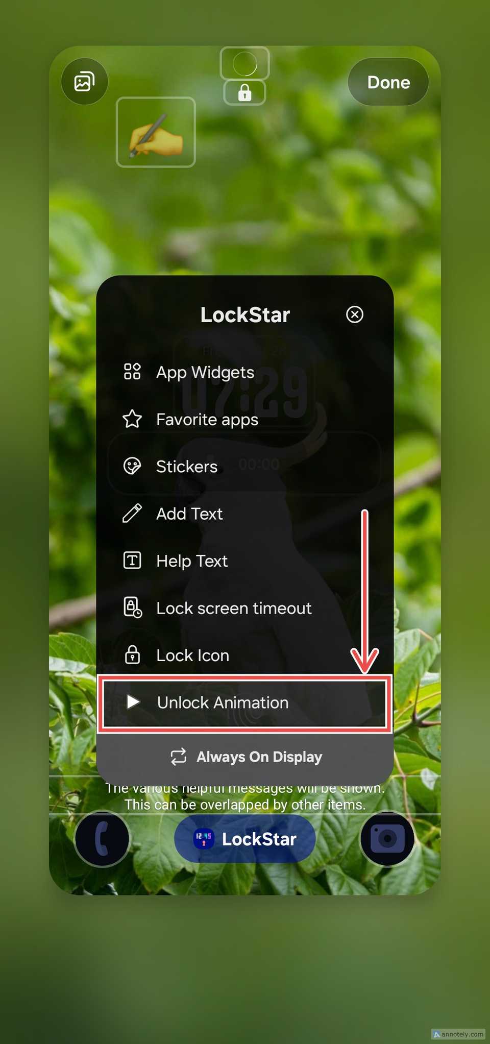 Samsung LockStar lock screen customization menu with the “Unlock Animation” option highlighted.