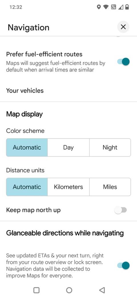 Screenshot showing the fuel efficency option in Google Maps