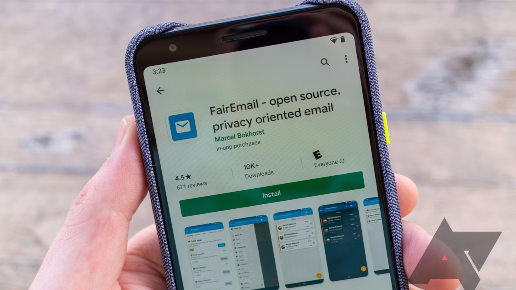 Mobile phone showing FairEmail app on Playstore