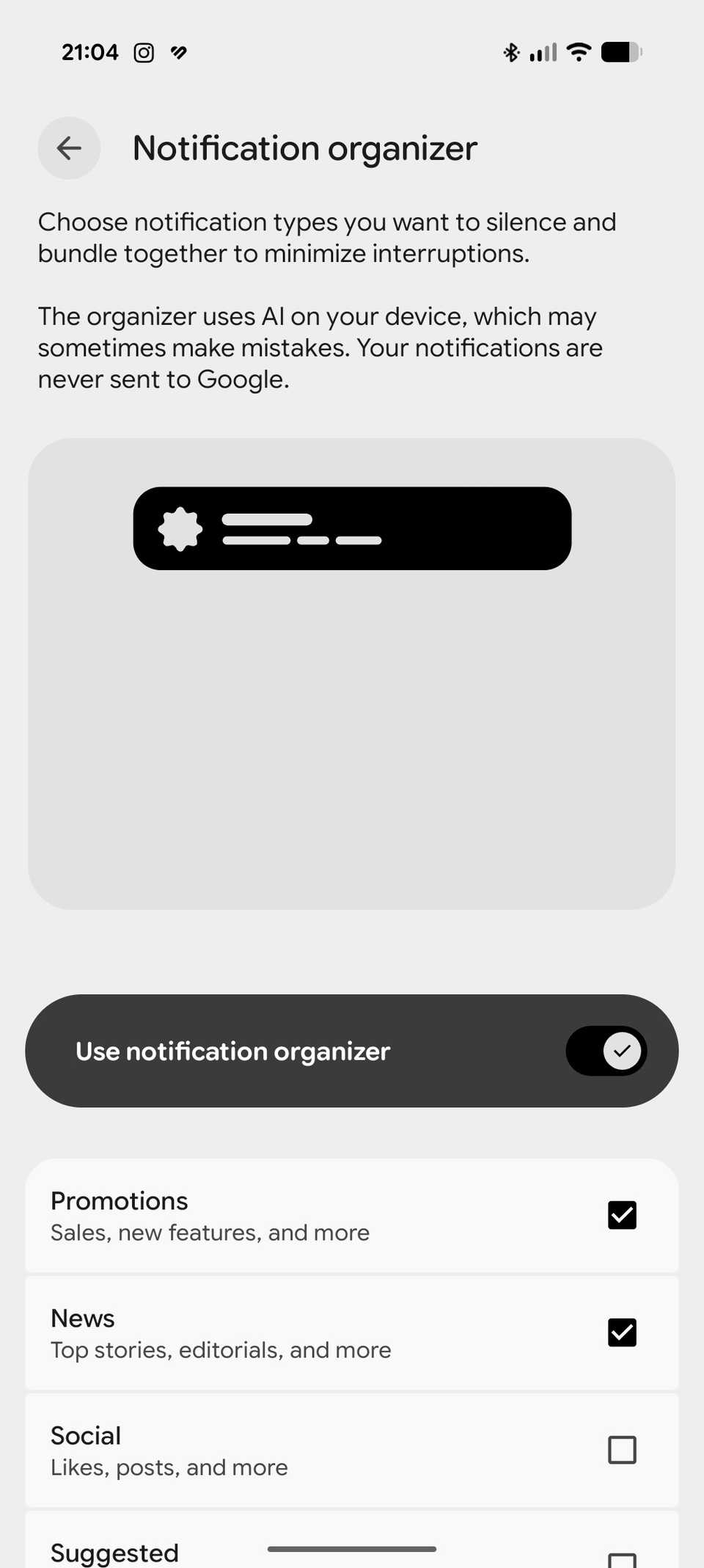 Interruttore dell’Organizzatore delle notifiche sullo smartphone Google Pixel 9 Pro XL