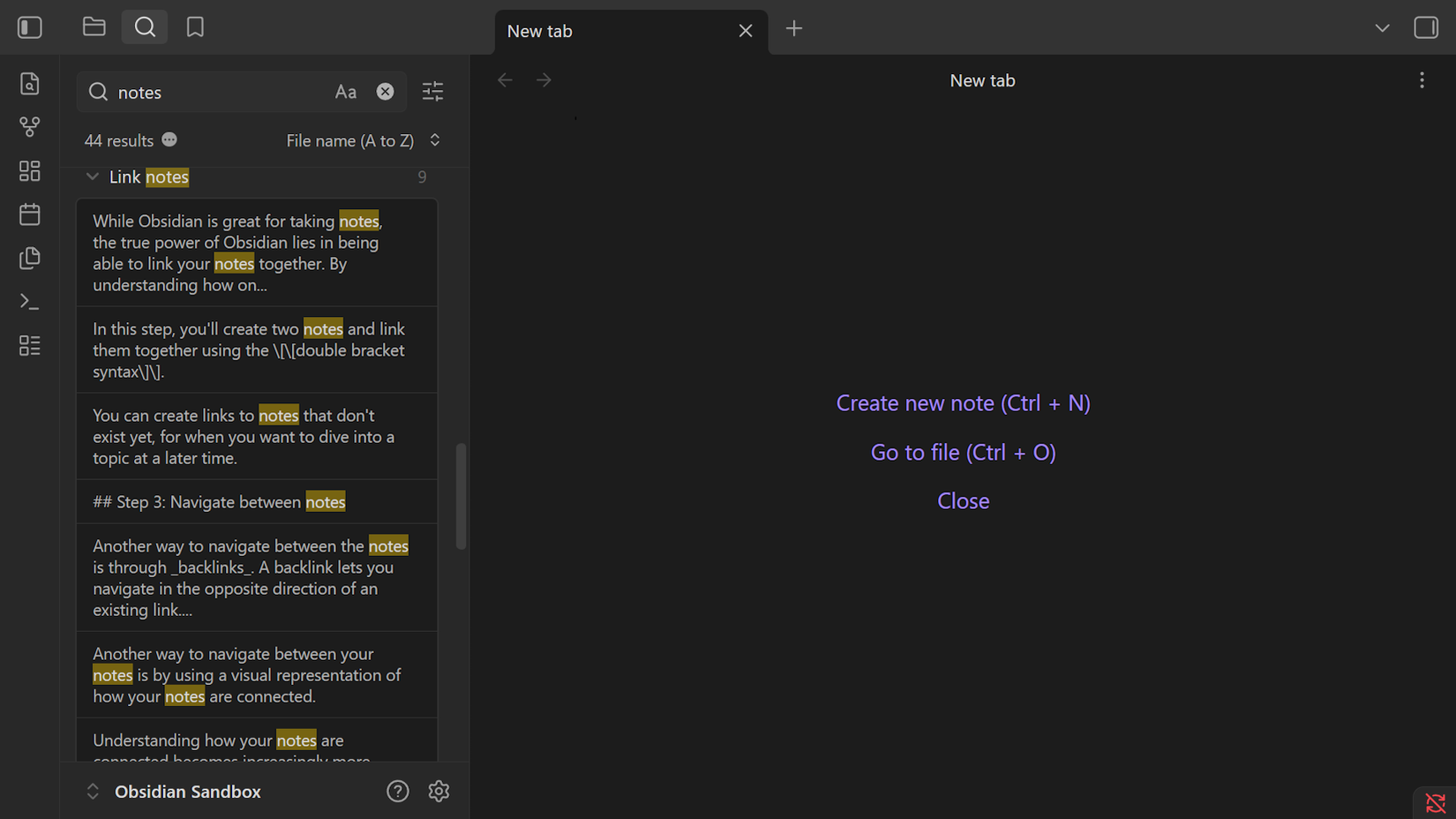 Screenshot showing Obsidian search tool in use