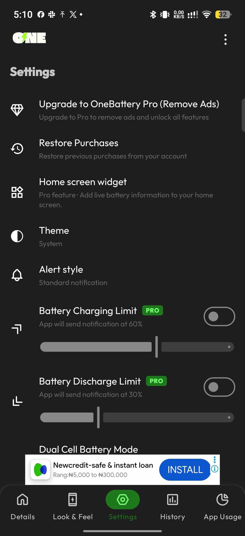OneBattery settings menu showing charging and discharge limit dials and more options