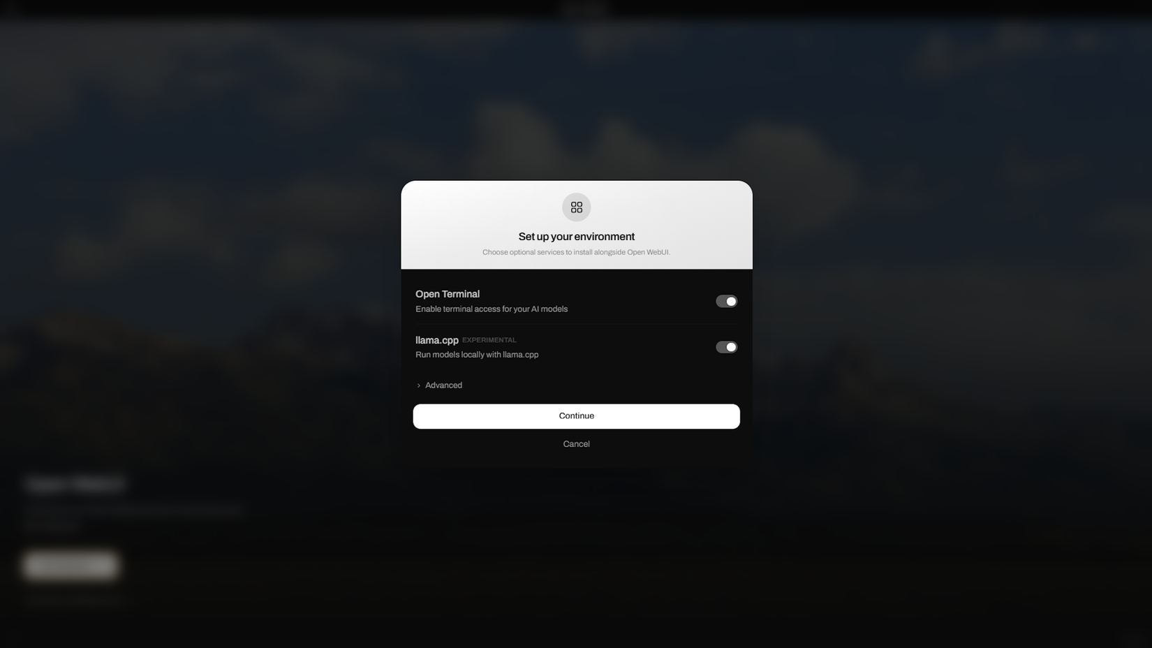 Open WebUI installation menu