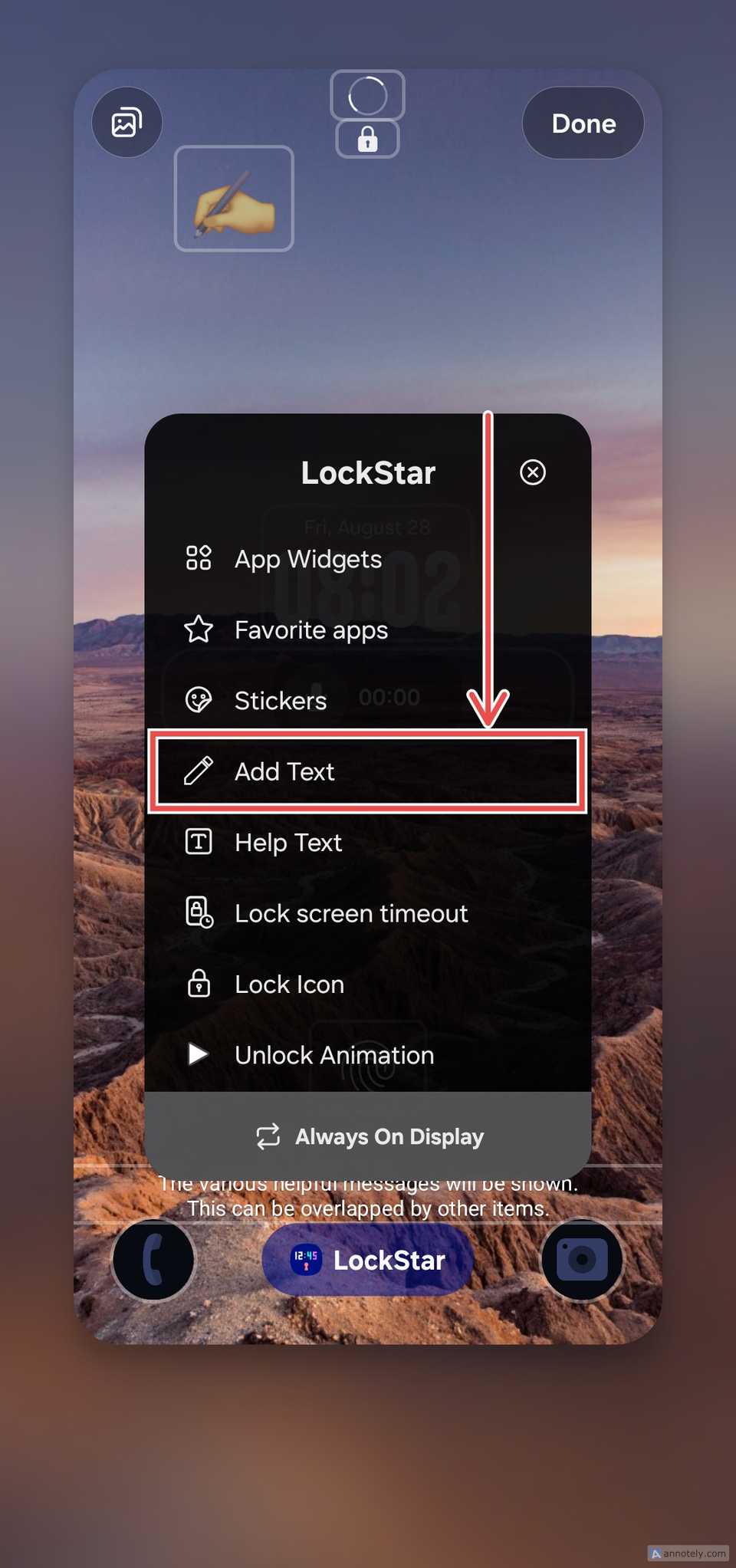 Samsung LockStar lock screen customization menu with the “Edit Text” option highlighted.