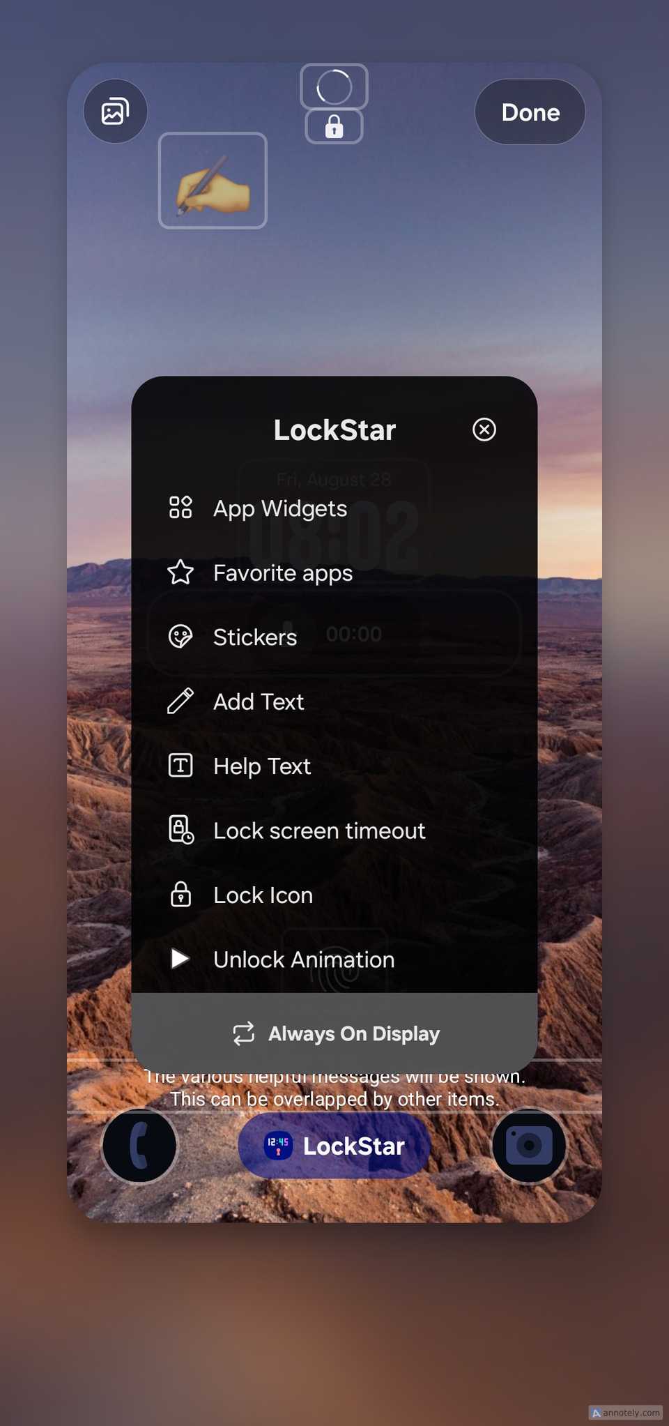 LockStar customization menu displayed over a lock screen showing options for customizing lock screen elements.