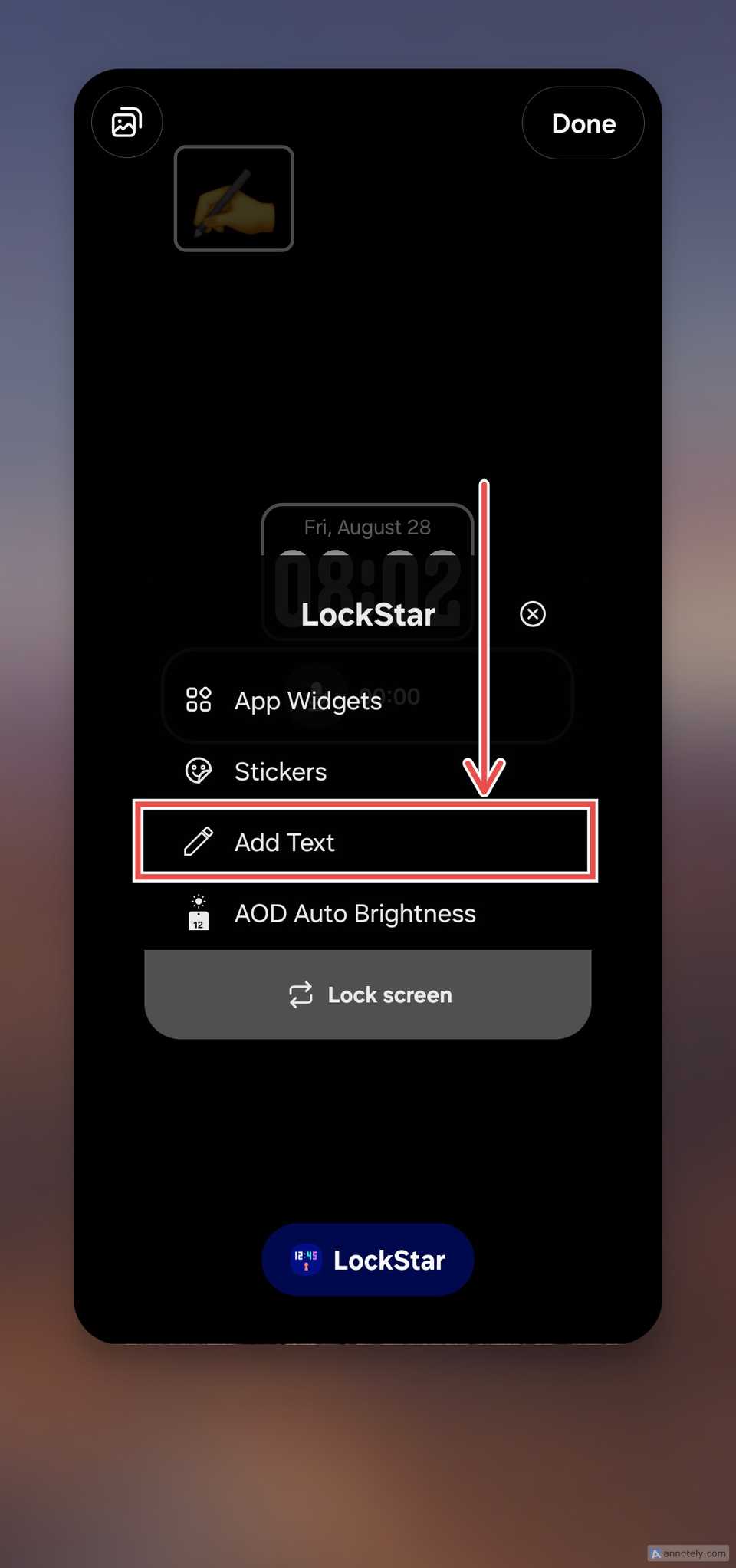 Samsung LockStar AOD customization menu with the “Add Text” option highlighted.