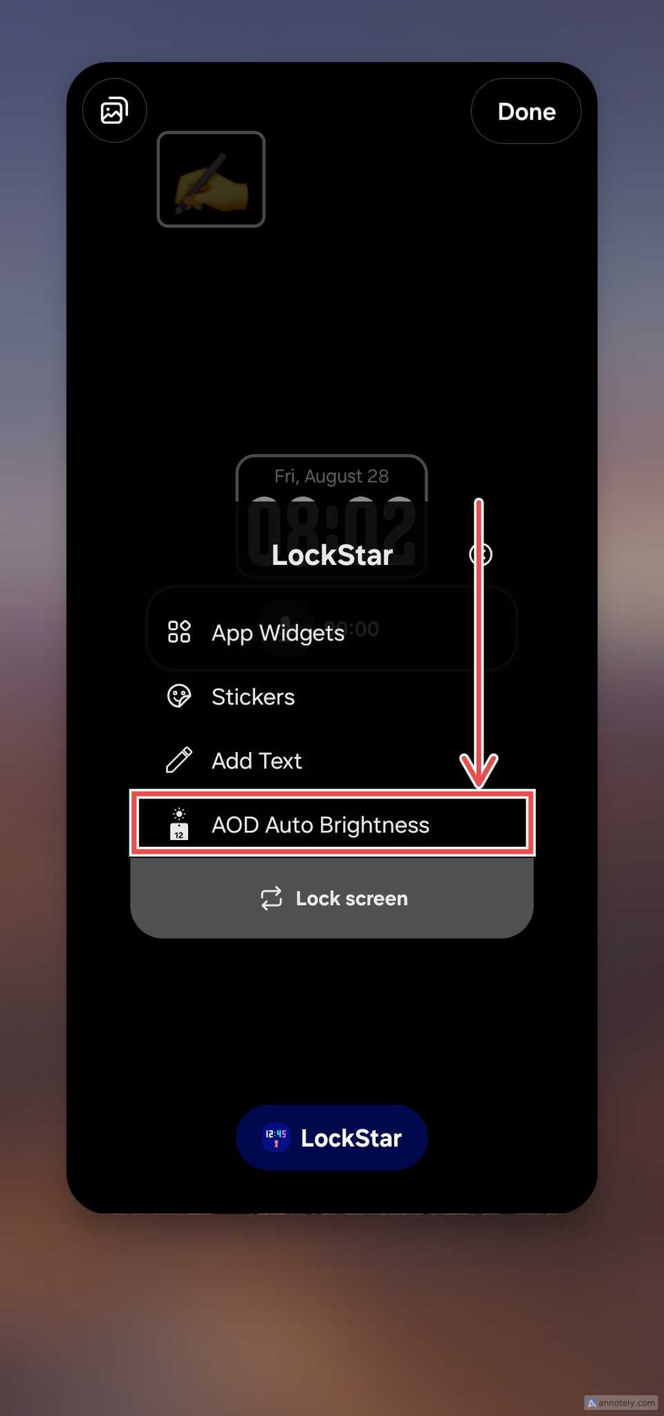 Samsung LockStar customization menu on a dark lock screen, with the “Add Auto Brightness” option highlighted.