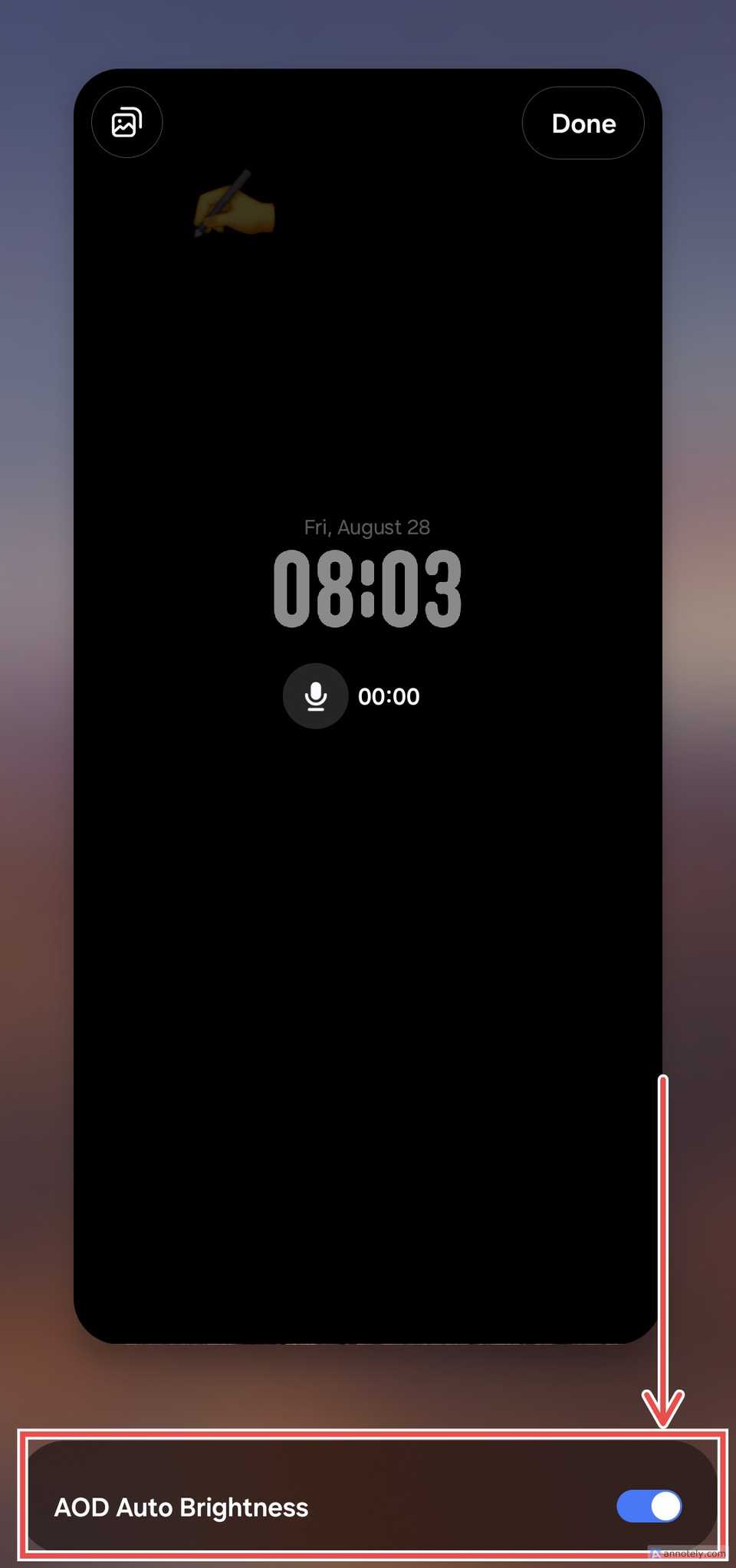 Samsung LockStar lock screen preview showing the “AOD Auto Brightness” option at the bottom, with the toggle enabled.
