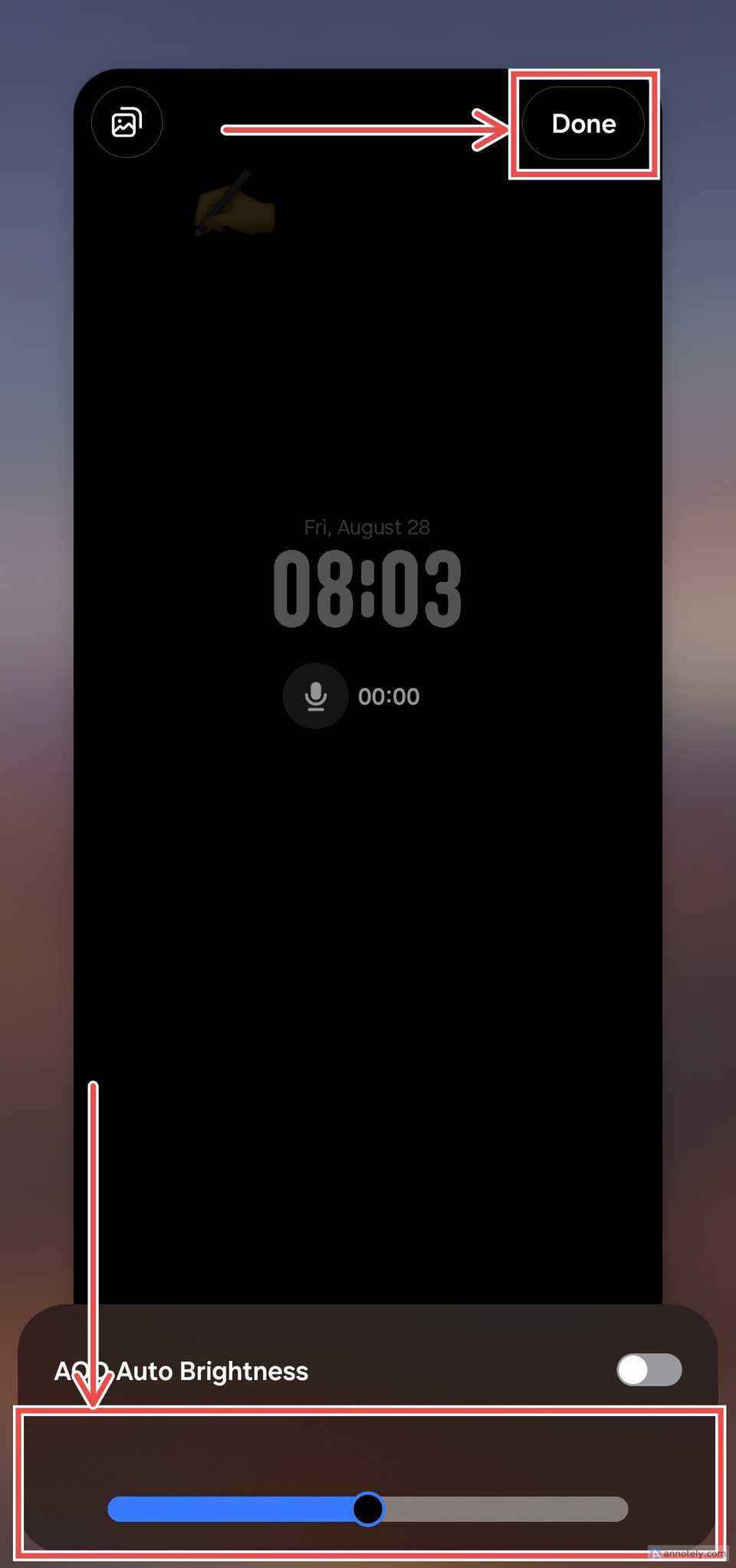 Samsung LockStar lock screen preview showing the “Add Auto Brightness” option and a highlighted horizontal slider for adjusting the brightness level.