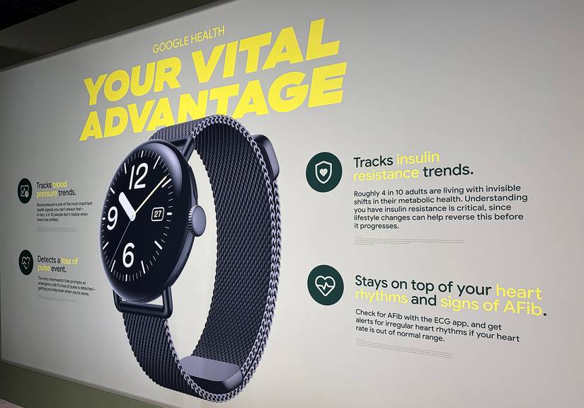 Pixel Watch 5 illustration on wall with highlights of health features