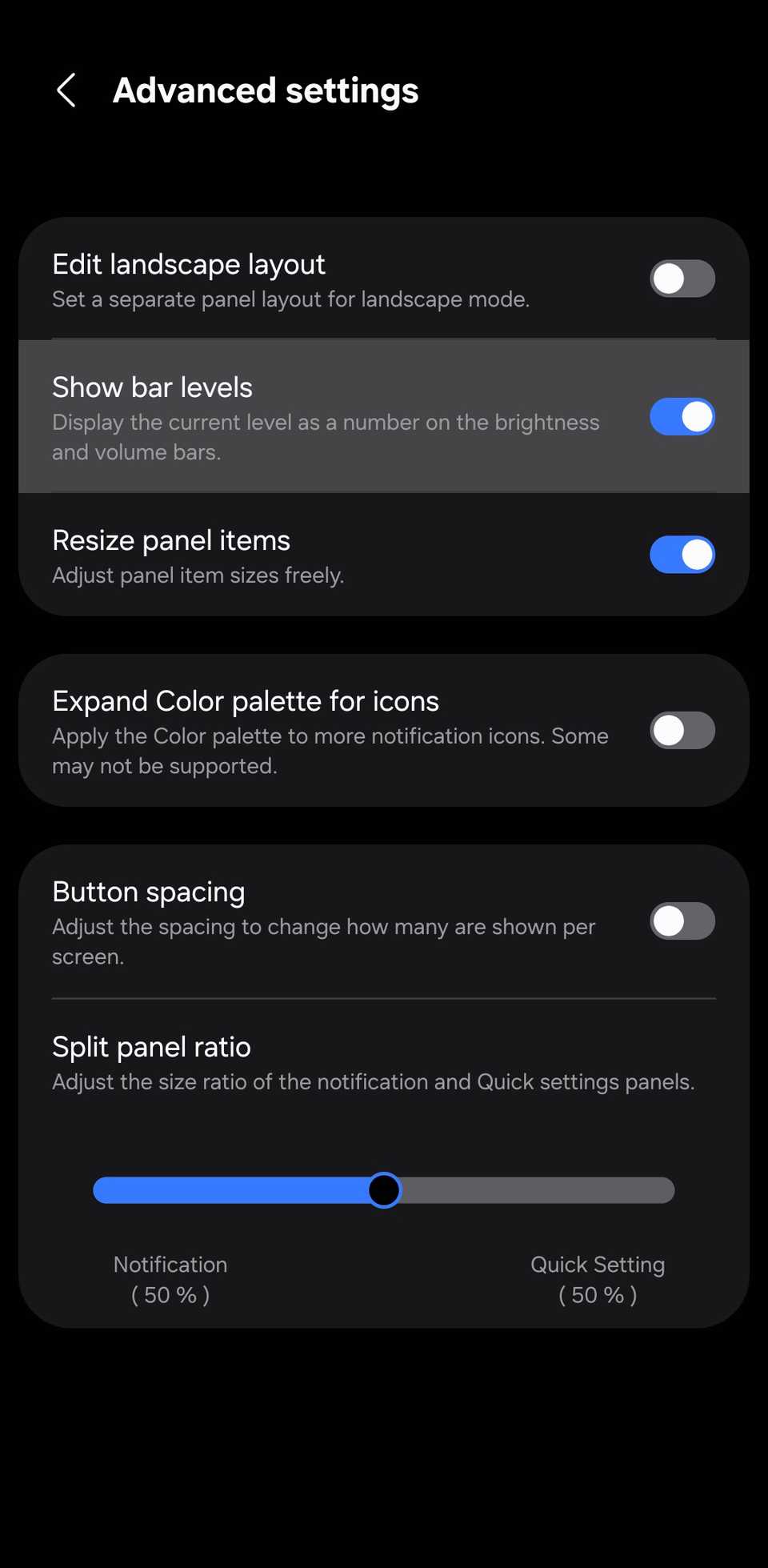 Samsung Good Lock QuickStar advanced settings screen showing the Bar Levels toggle alongside other options.