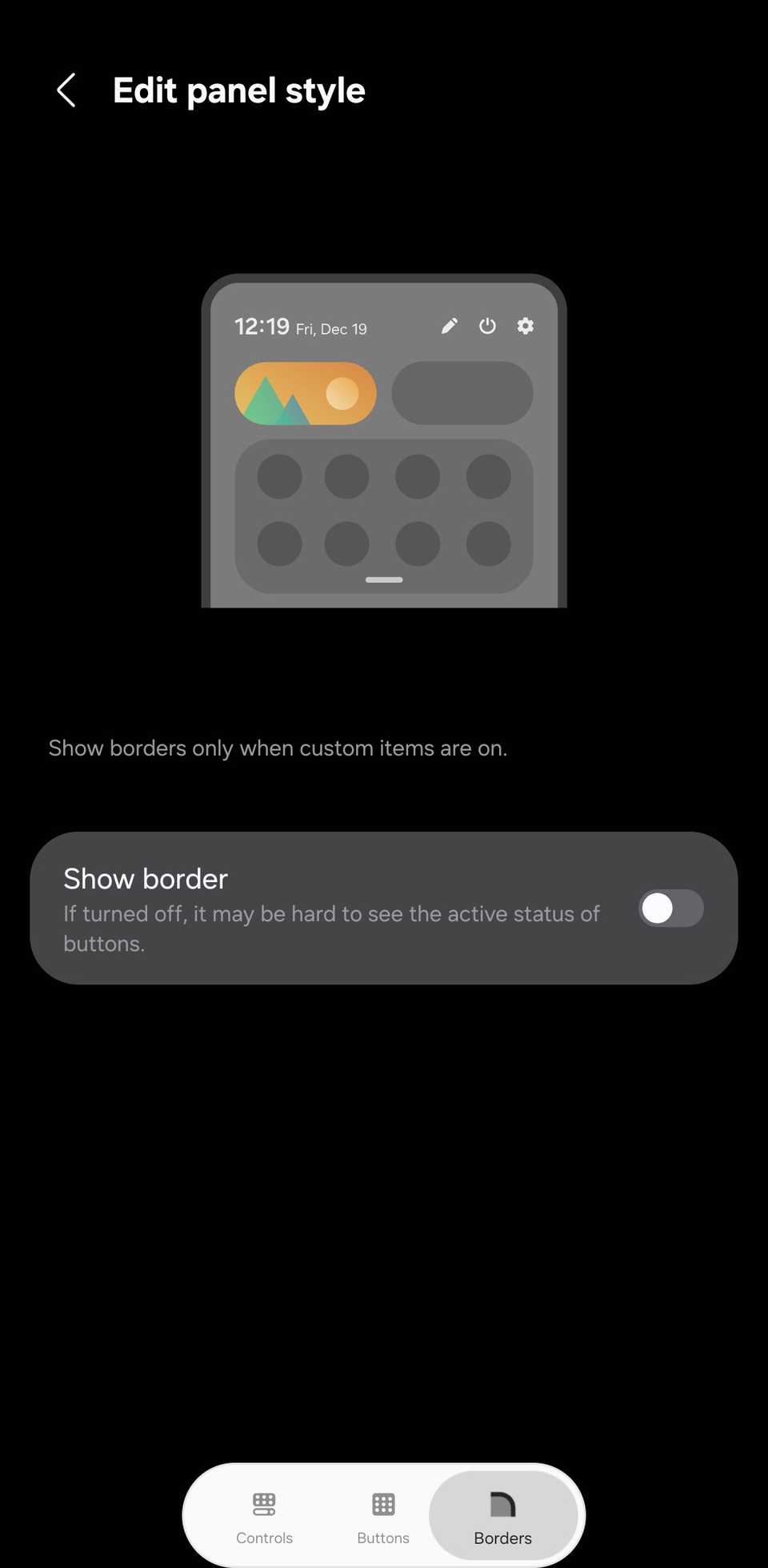 Samsung Good Lock QuickStar screen showing a toggle for displaying borders.