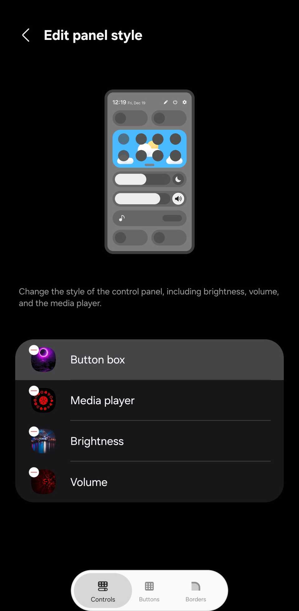 Samsung Good Lock QuickStar screen showing customizable controls, including button box, media player, brightness, and volume.