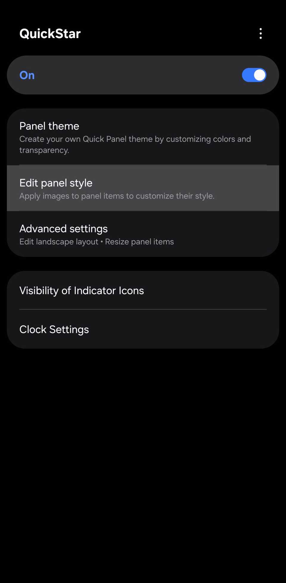 Samsung Good Lock QuickStar settings screen showing the option to edit the Quick Settings panel style, alongside others.