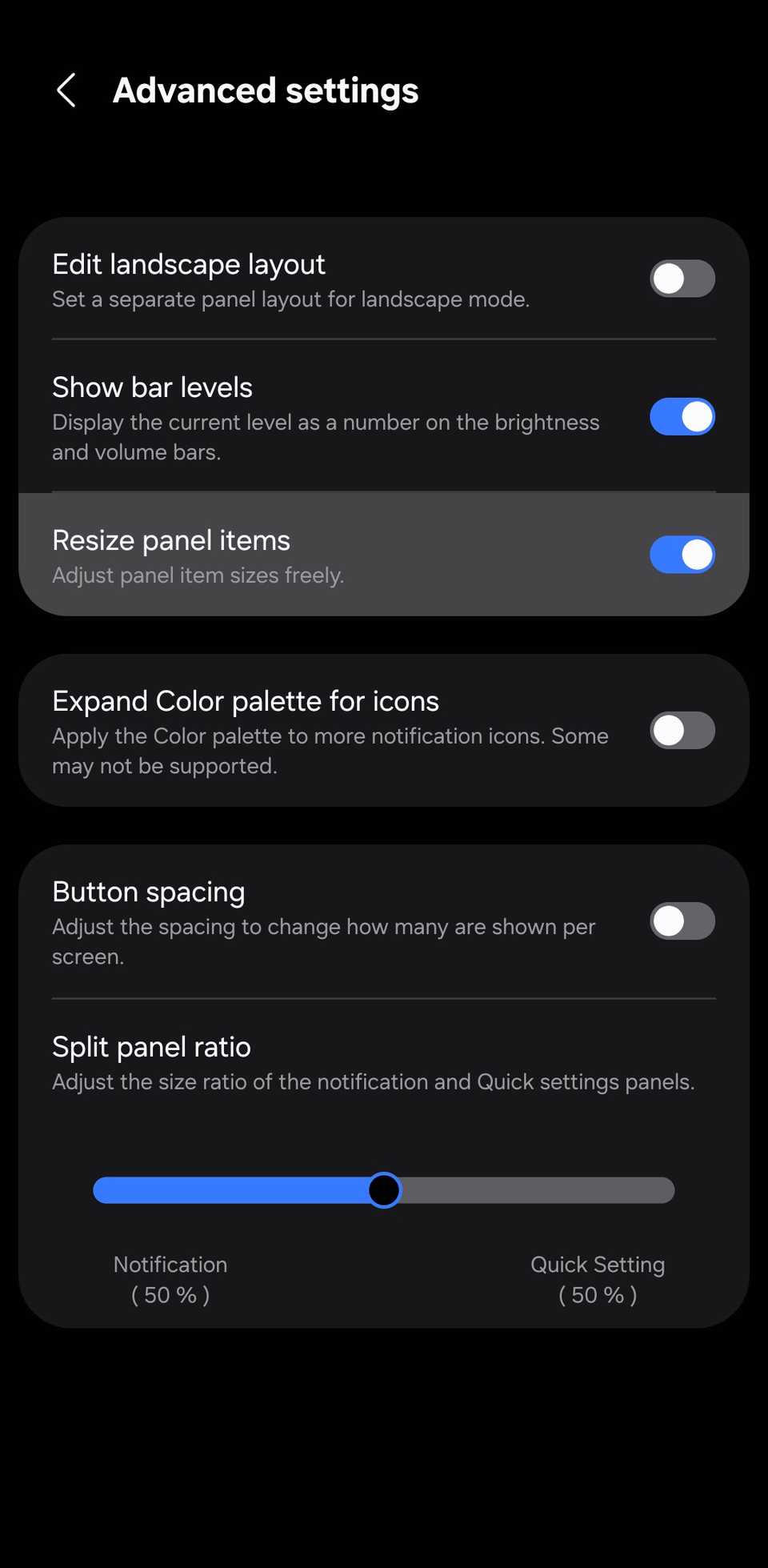 Samsung Good Lock QuickStar advanced settings screen showing resize panel items and other options.
