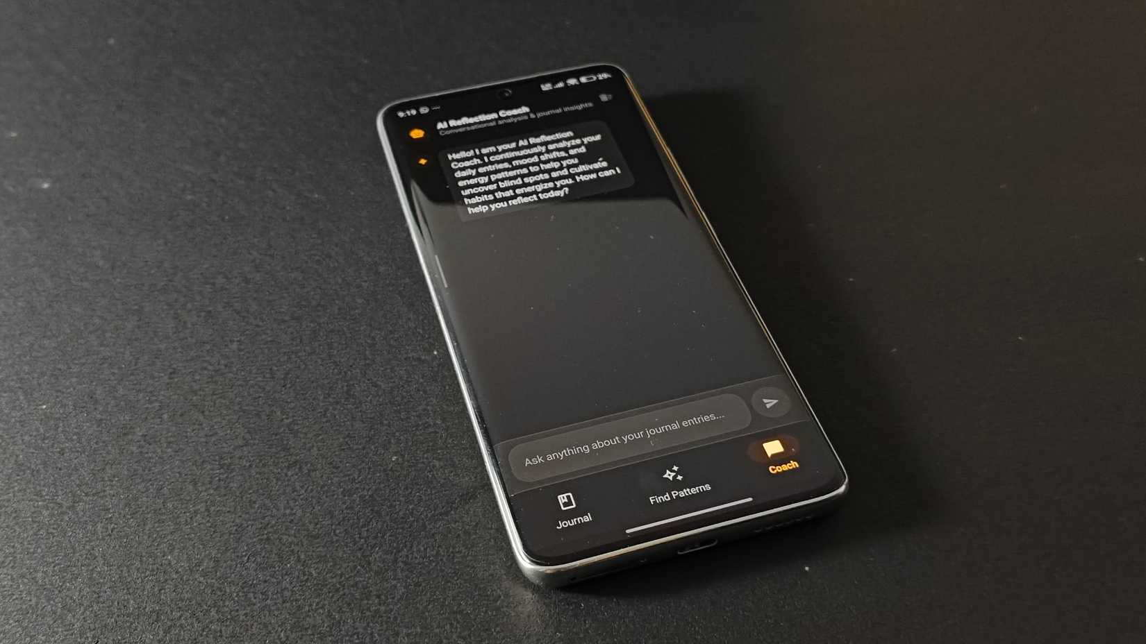 Reflect journal app showing the AI Reflection Coach chat interface for asking follow-up questions about journal.