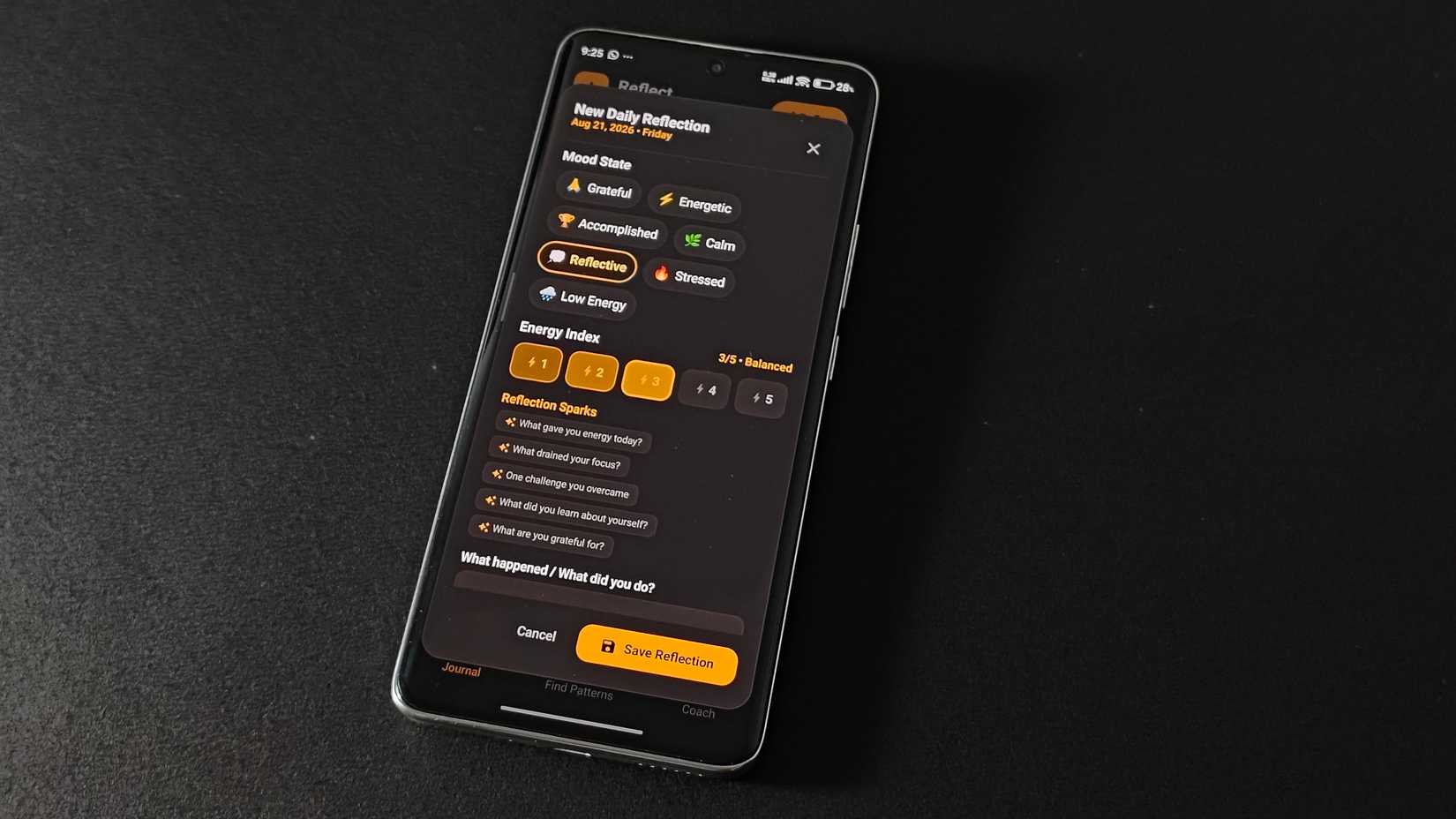 Reflect journal app showing the feature-rich reflection page with mood, energy, prompts, and daily takeaway sections