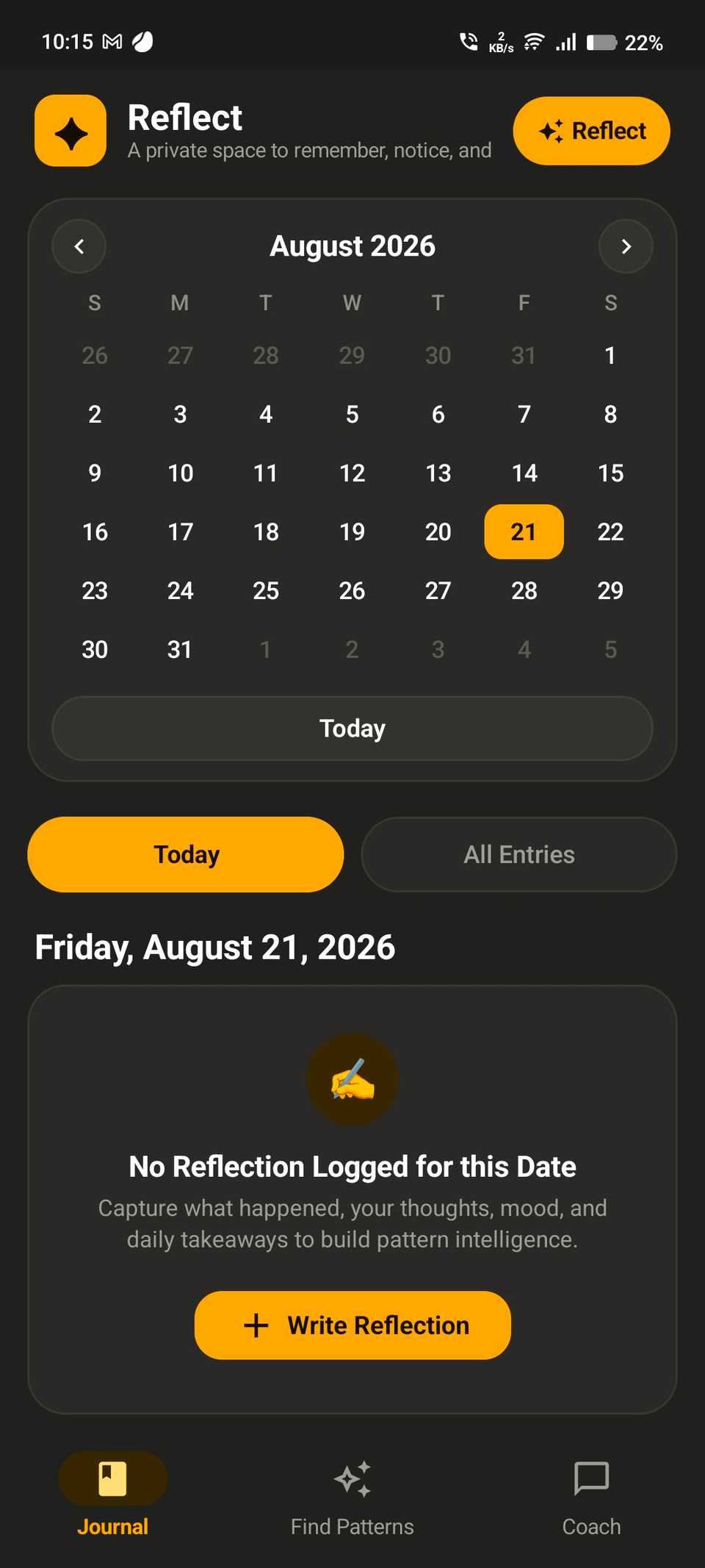Reflect journal app showing its journal page with a Material You-inspired design