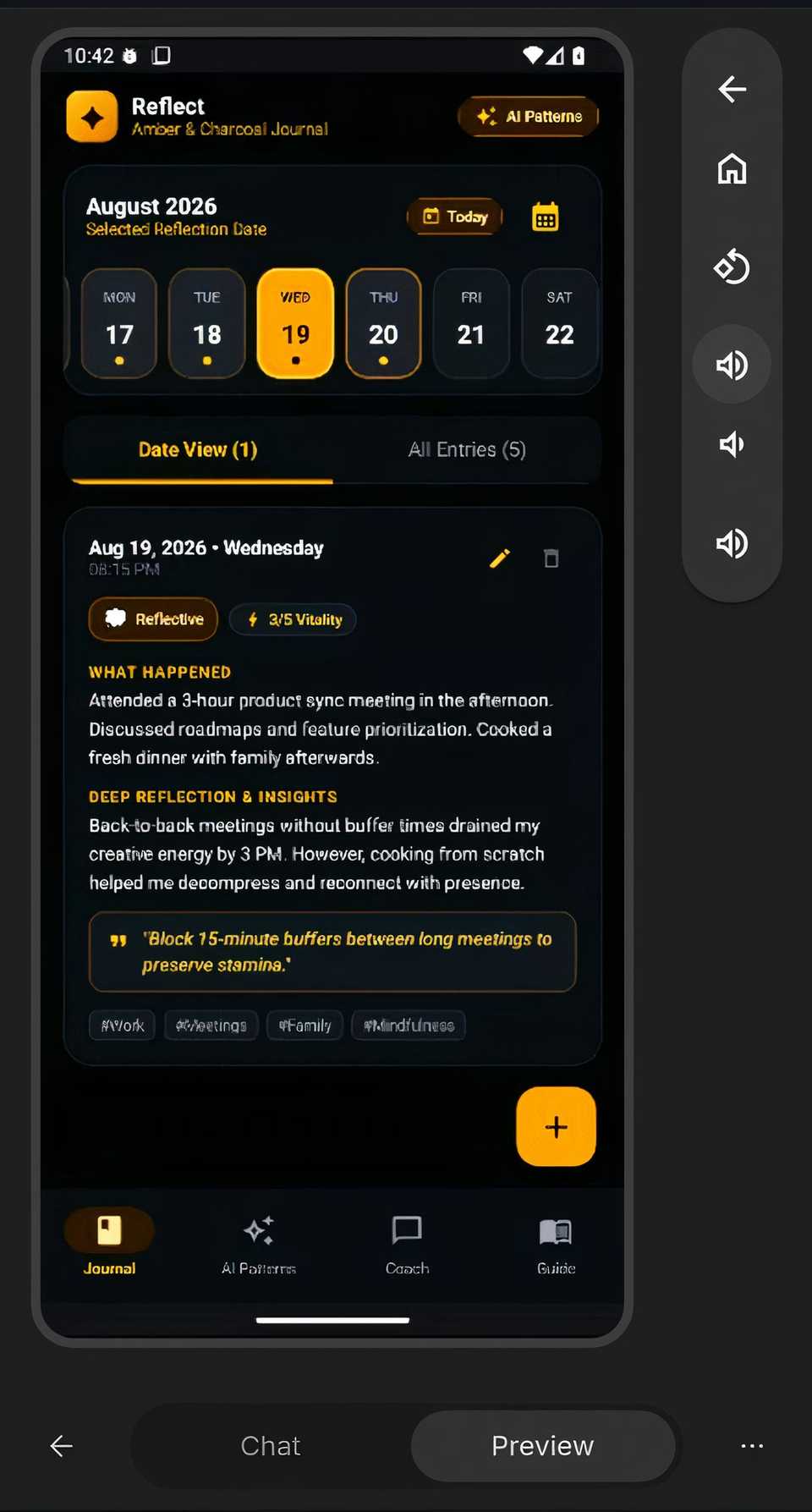 Reflect journal app showing the original version 1 design before the interface was redesigned.