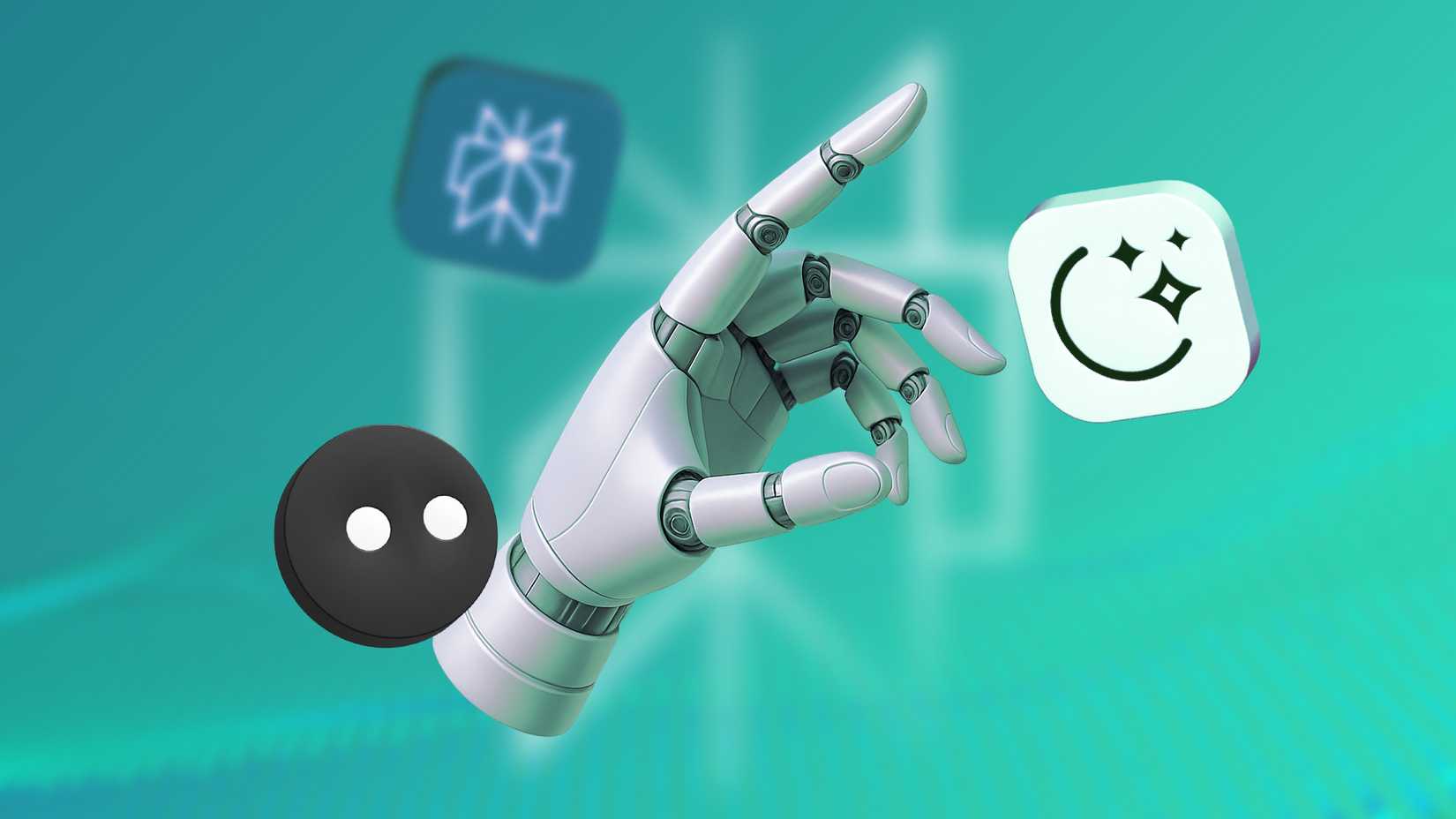 Robotic hand surrounded by local AI search tool icons.