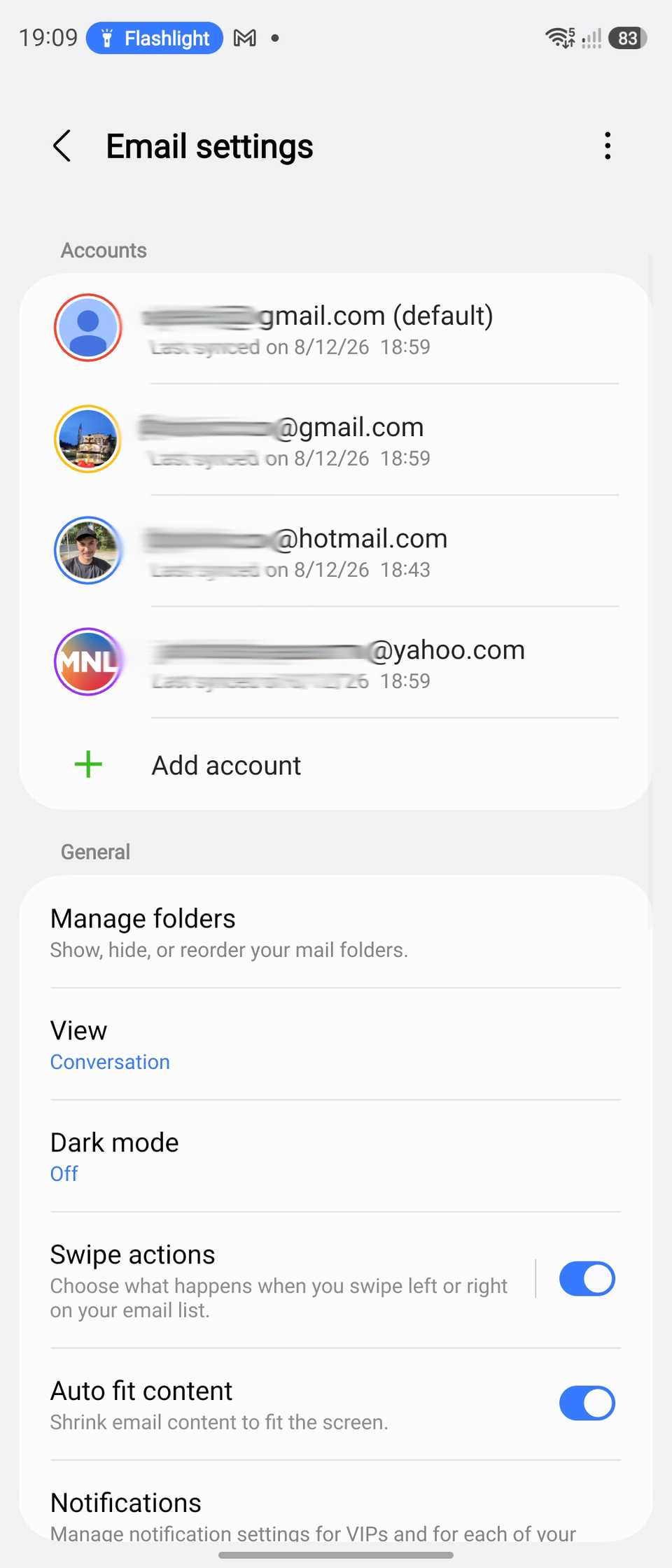 Multiple email accounts on Samsung Email app on Galaxy Z Flip 7