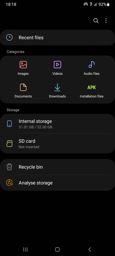 Il file manager Samsung mostra l’utilizzo dello spazio di archiviazione