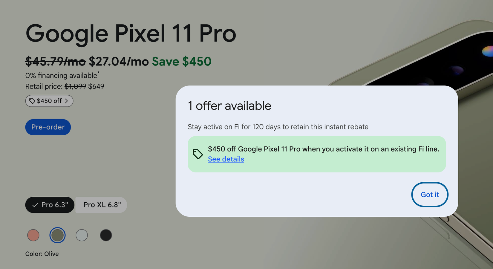 Google Fi Pixel 11 Pro: 450 $ di sconto