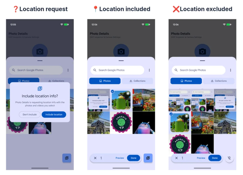 Screenshots showing location metadata API for the Android Photo Picker
