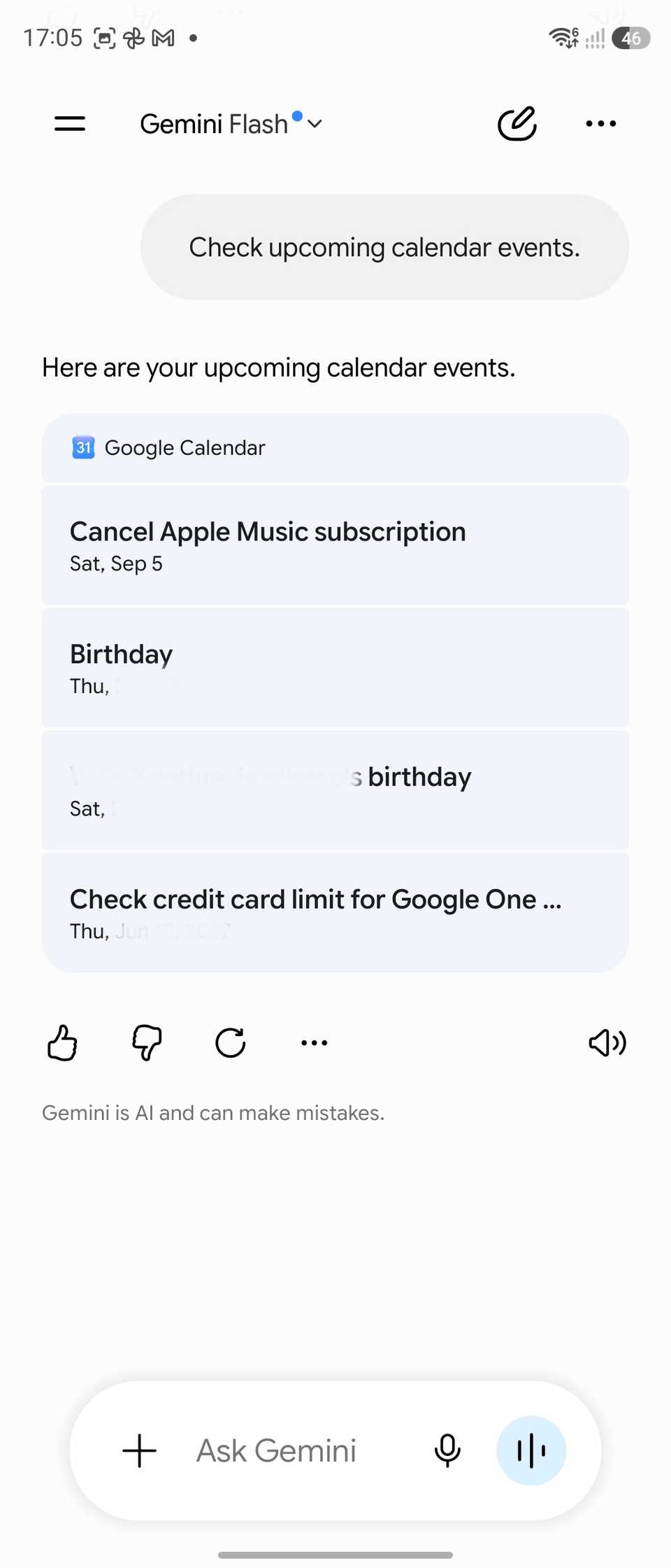 Gemini pulling out Google Calendar events on Samsung Galaxy Z Flip 7