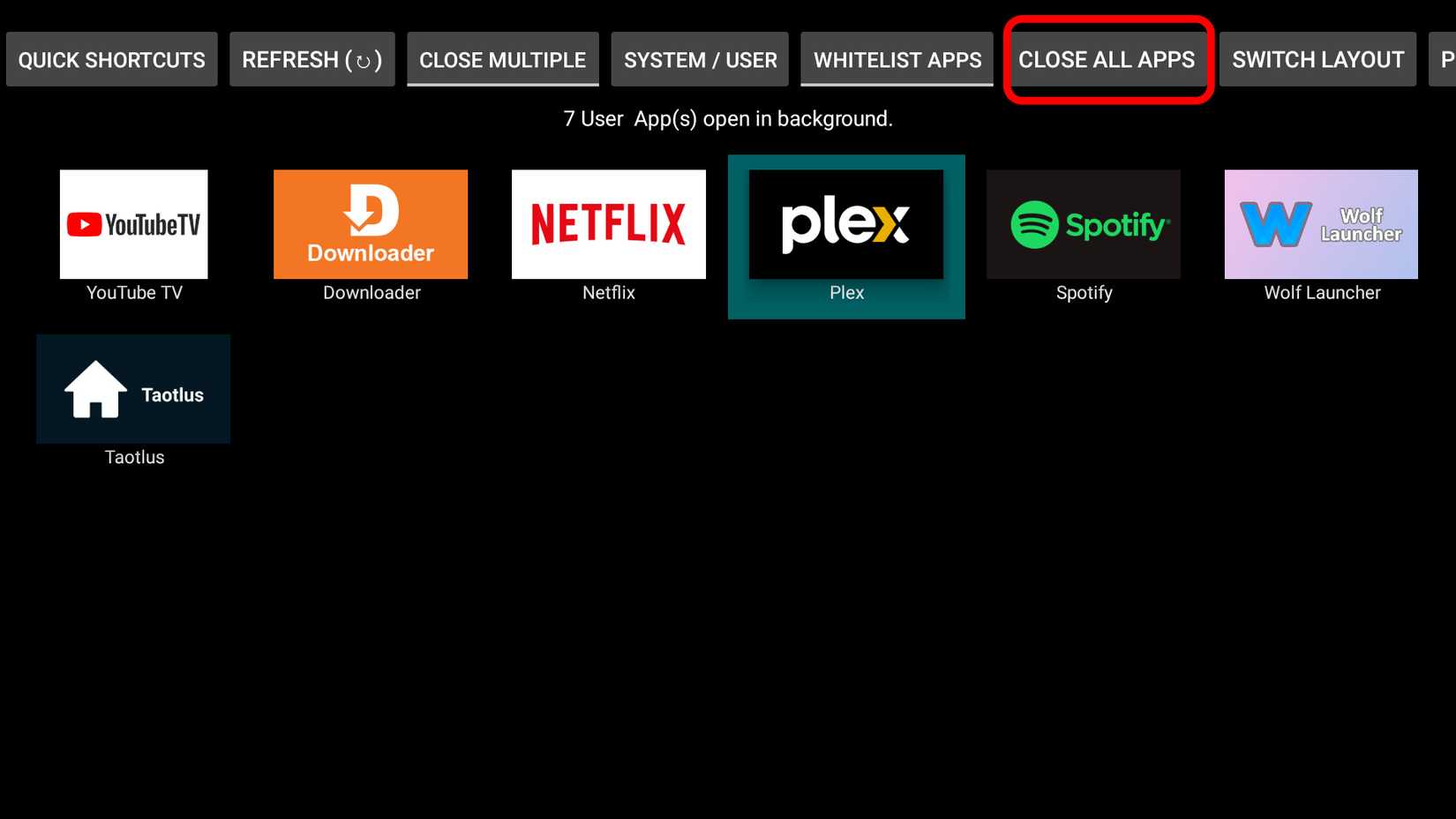 Interface of Background apps and process list on Amazon Fire TV