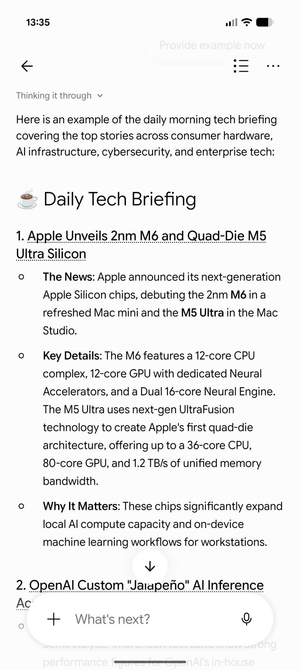 A sample of Daily briefing for news on Gemini Spark