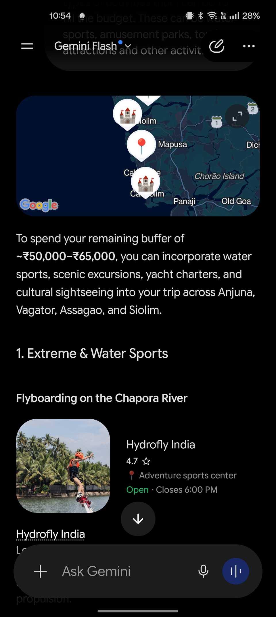 Gemini screenshot showing water sport recommendations and locations
