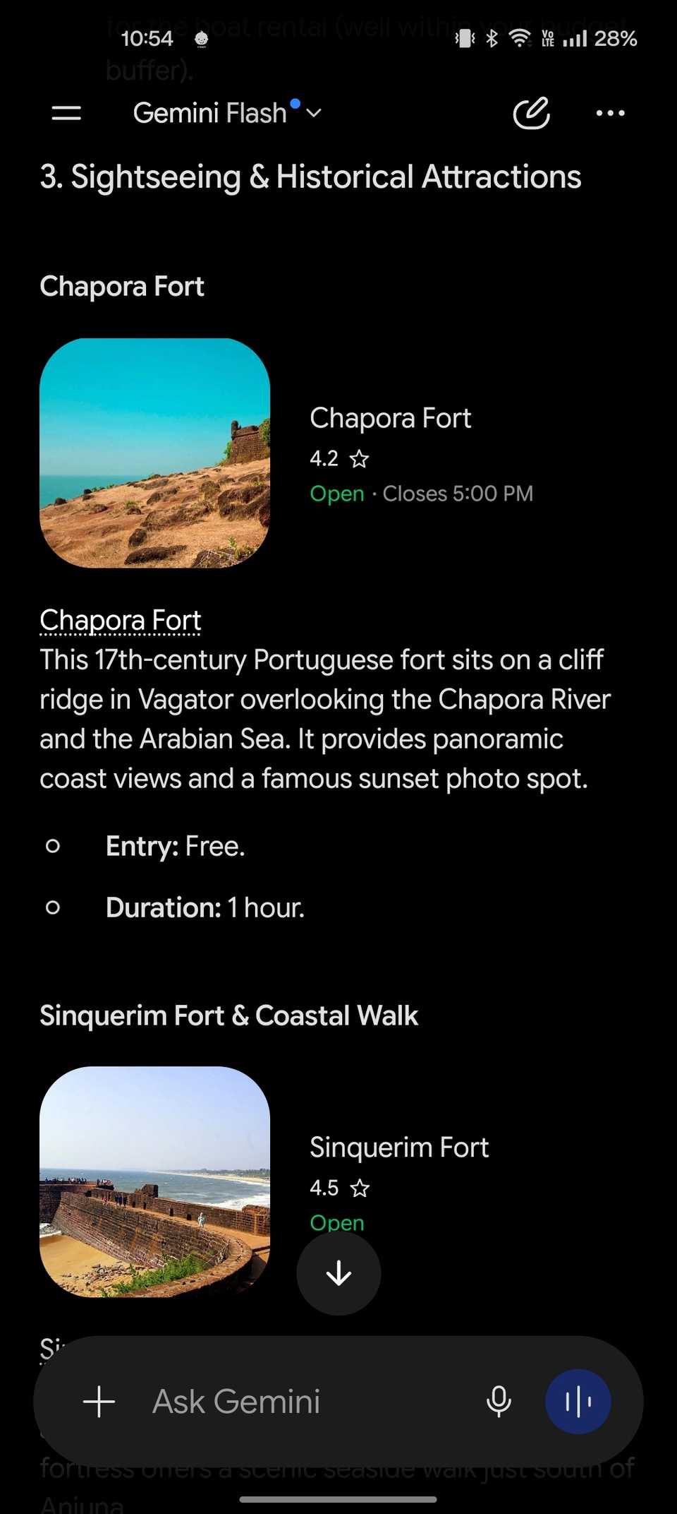 Gemini screenshot showing tourist attractions like forts