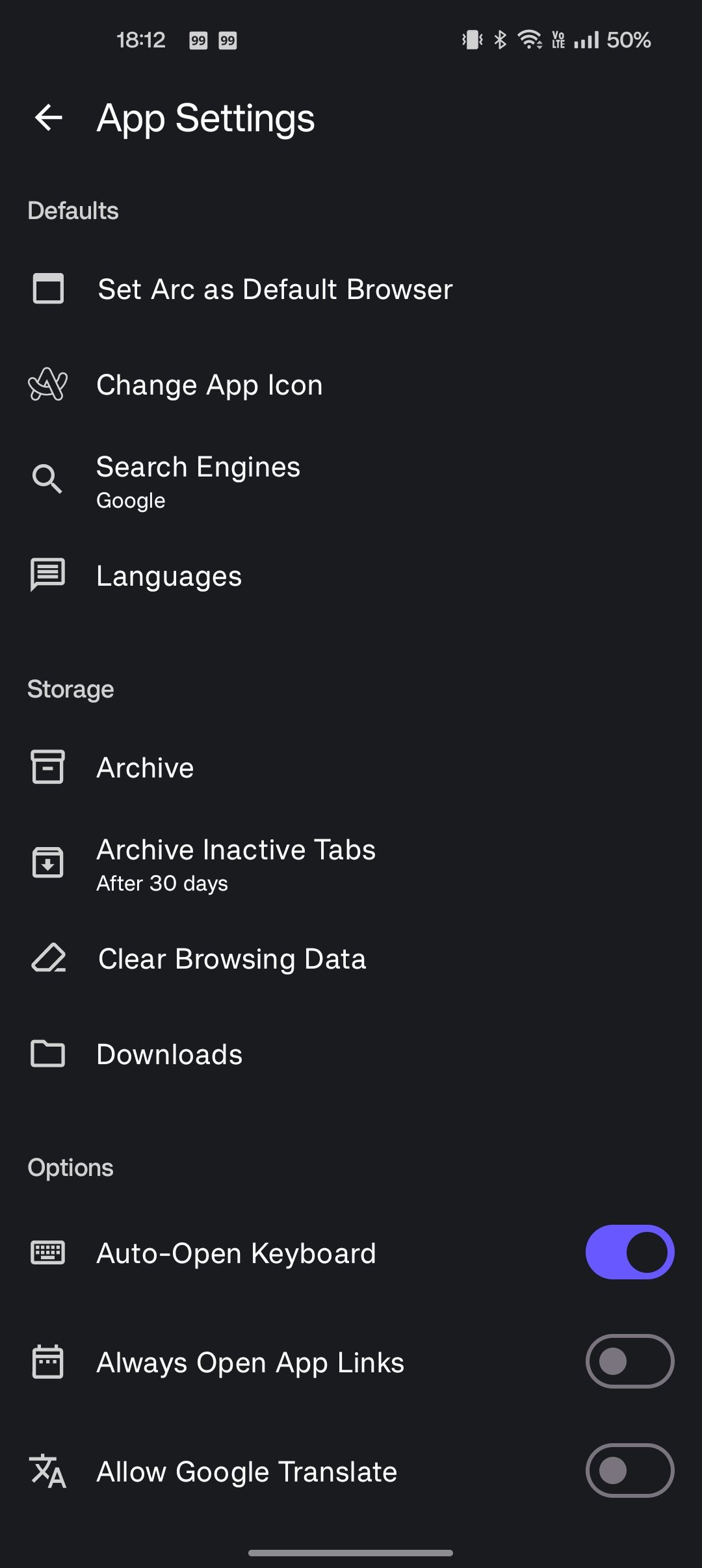 Arc Search showing settings page screenshot with different options