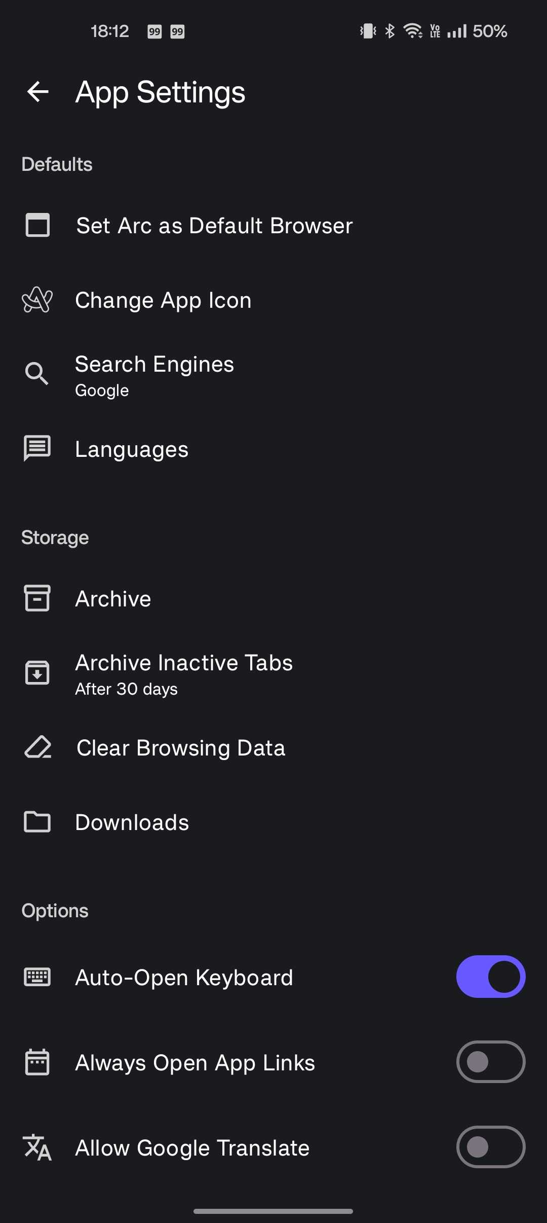 Arc Search showing settings page screenshot with different options