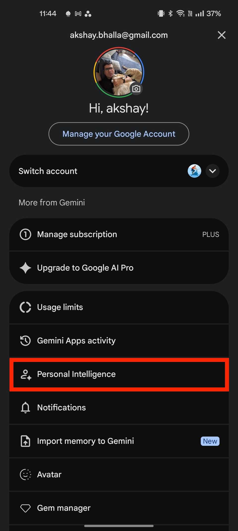 Gemini screenshot showing personal intelligence setting