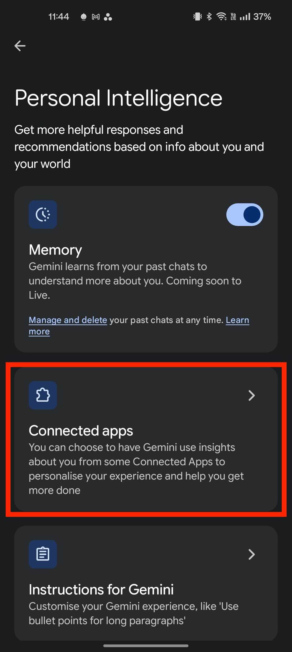 Gemini screenshot showing Personal Intelligence connected apps setting
