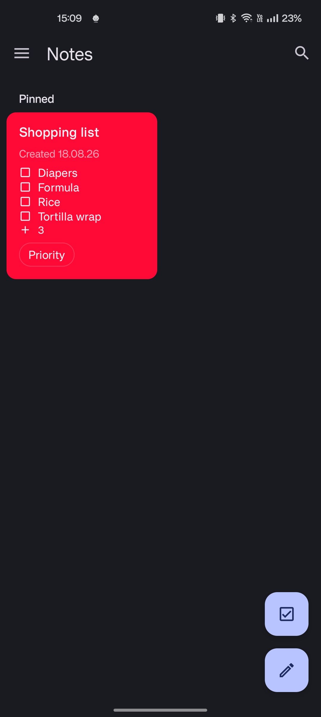 NotallyX screenshot showing list note with red background