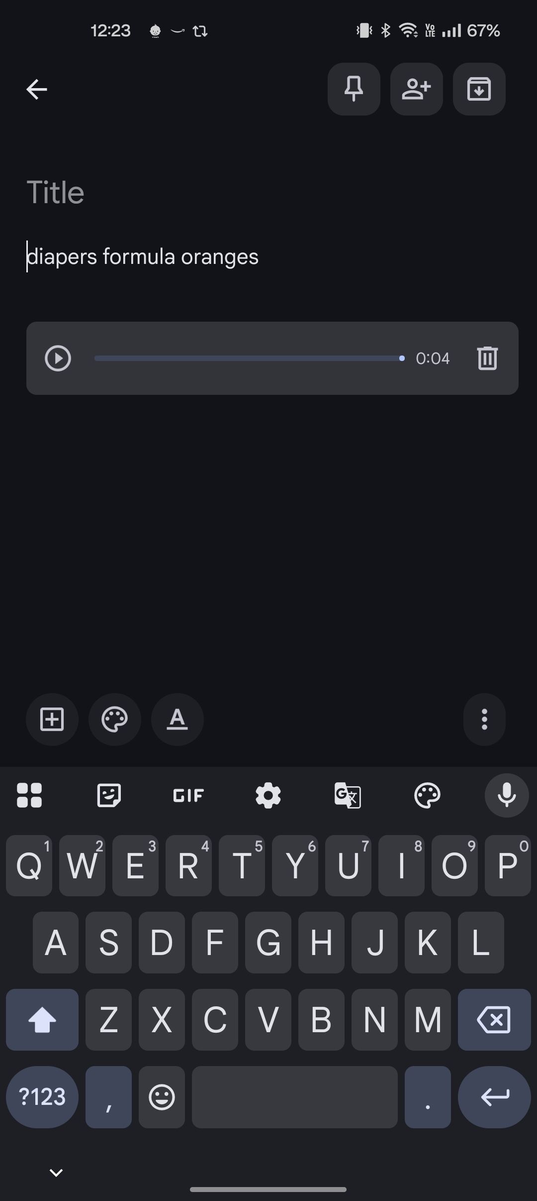 Google Keep voice note showing transcription