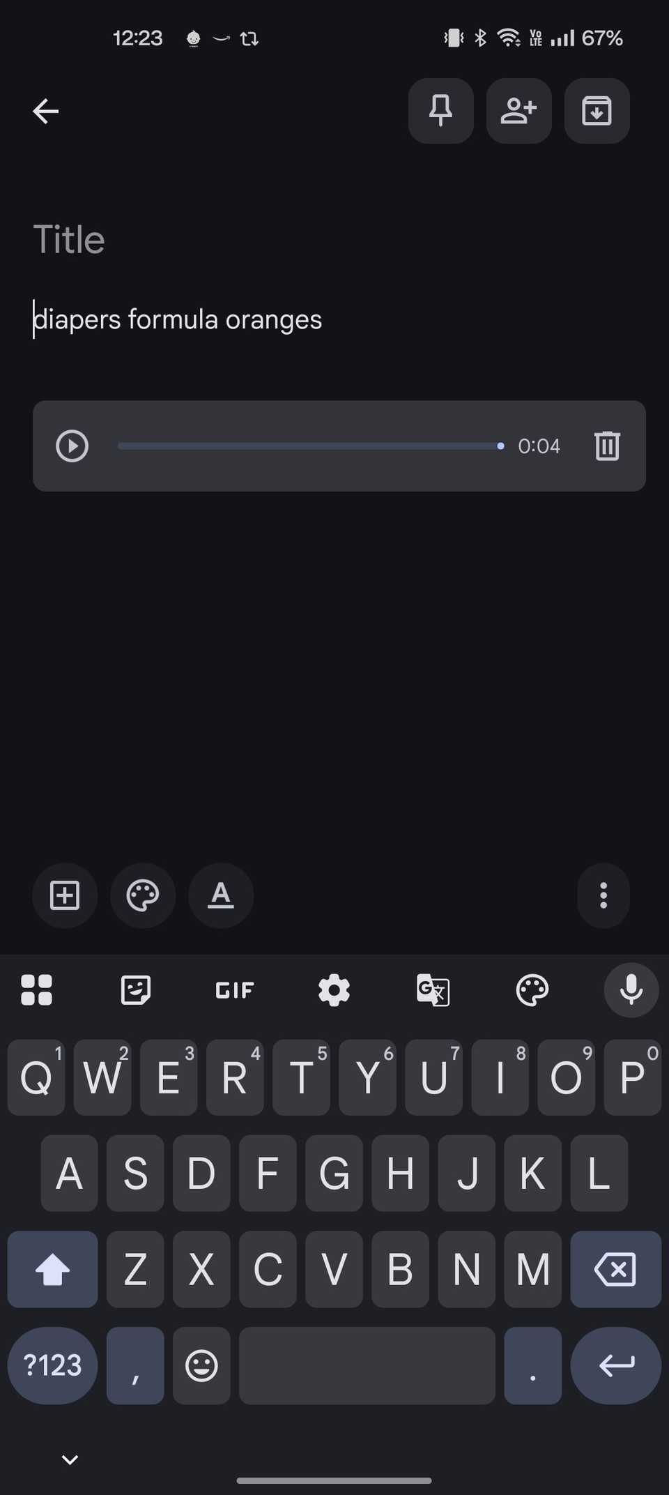 Google Keep voice note showing transcription
